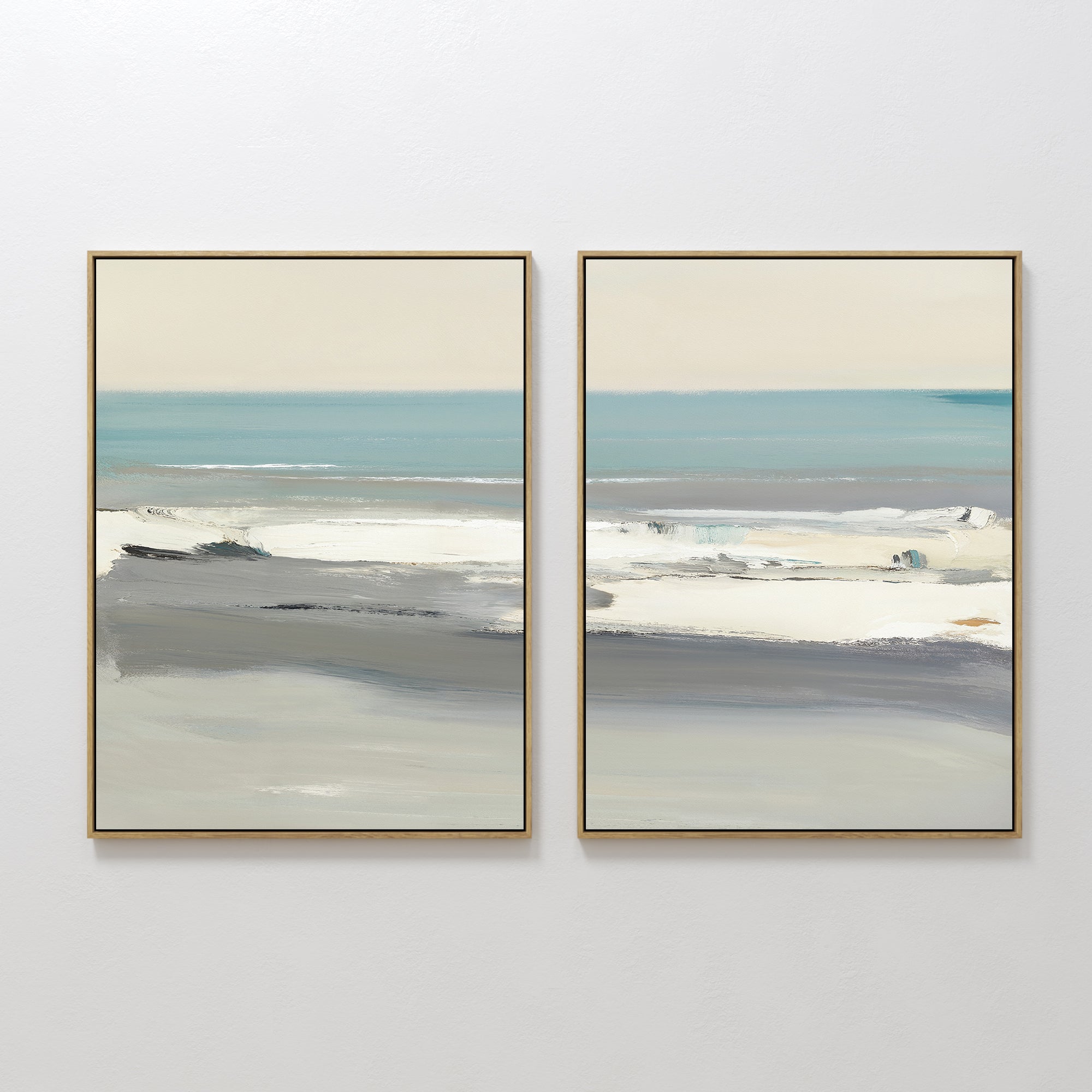 Original hand painted teal ivory grey coastal seascape oil painting canvas set wall art, nordic scandinavian elegant luxury modern living room home de