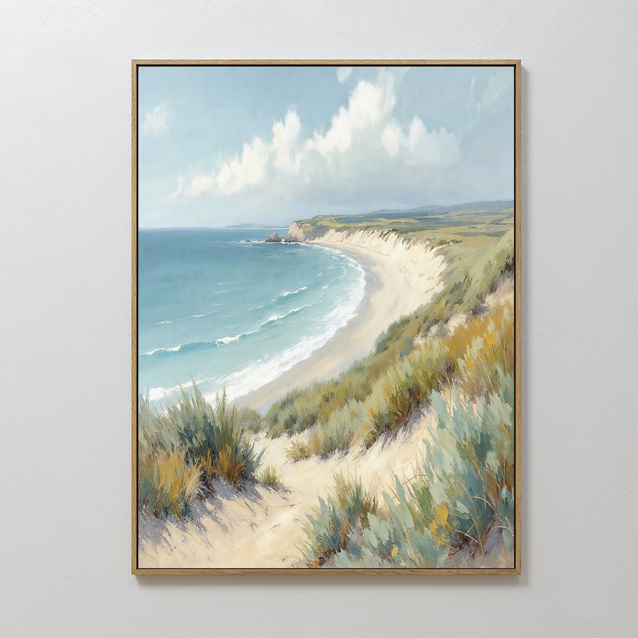 Hand painted original teal blue coastal oil painting canvas wall art, sandy dunes sea grass cliffs, nordic scandinavian elegant luxury modern home dec