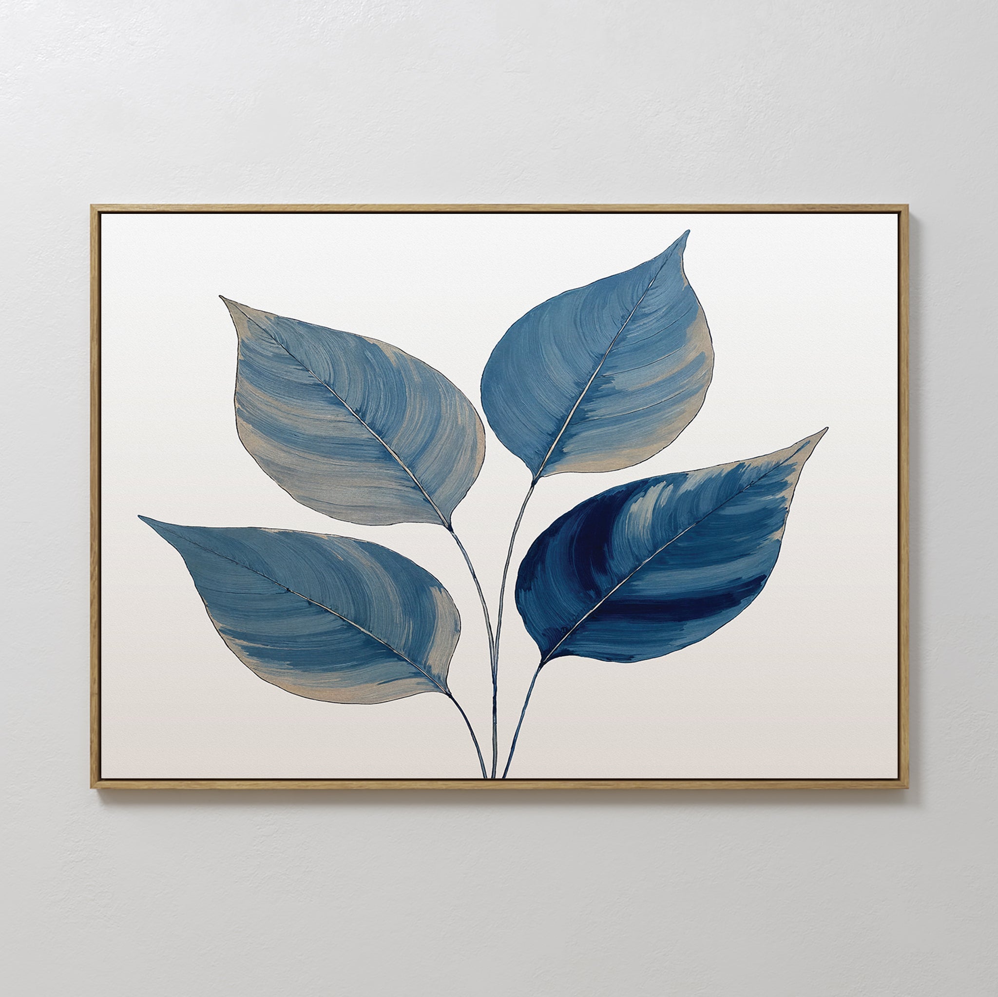 Original hand painted indigo blue botanical leaves oil painting canvas wall art, nordic scandinavian elegant luxury minimalist modern living room home