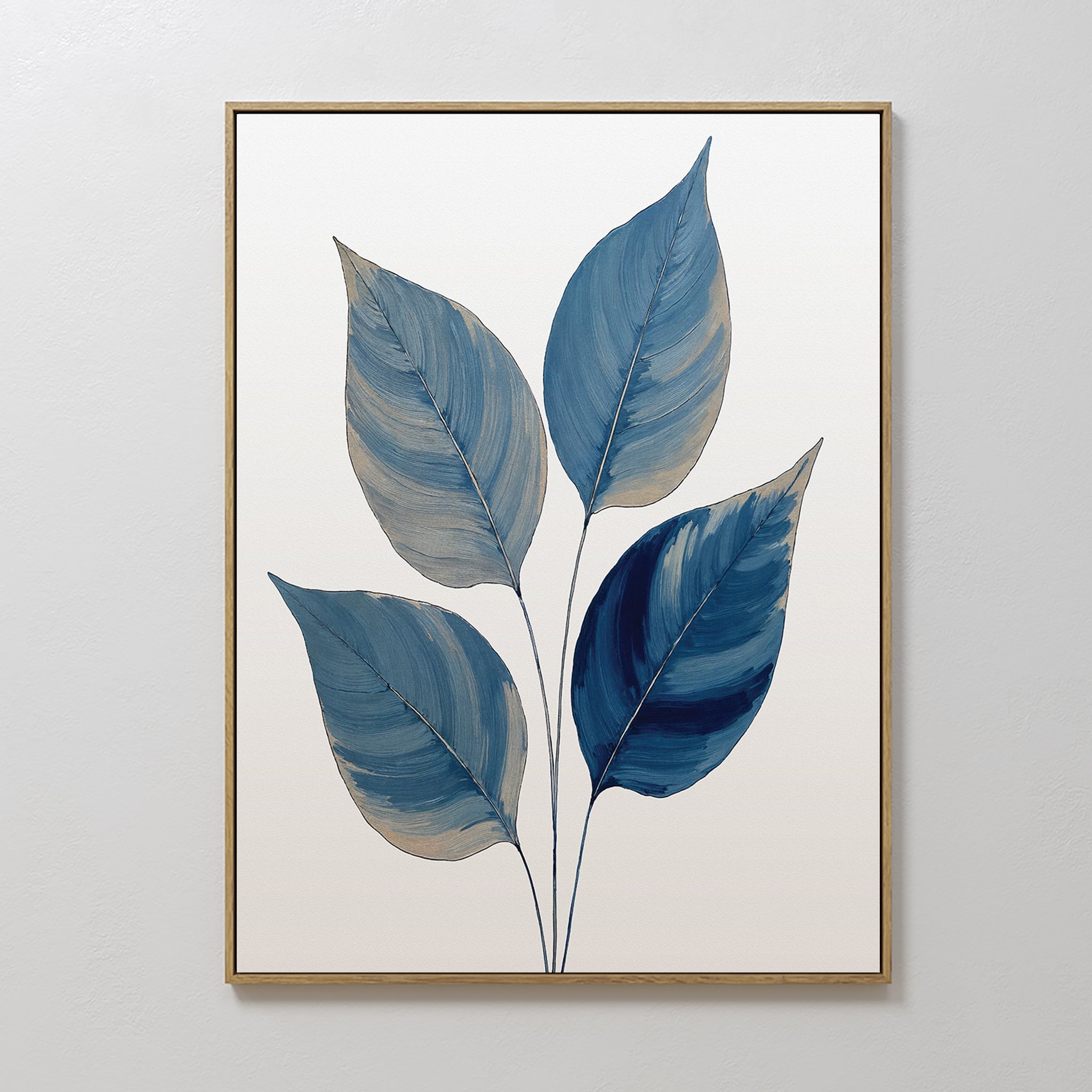 Original hand painted indigo blue botanical leaves oil painting canvas wall art, nordic scandinavian elegant luxury minimalist modern living room home
