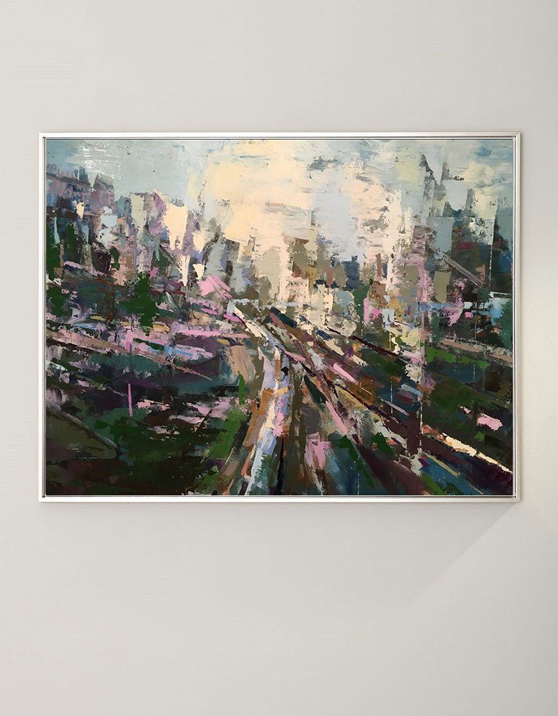 Original hand painted abstract oil painting green pink misty cityscape canvas wall art, modern scandinavian elegant luxury atmospheric