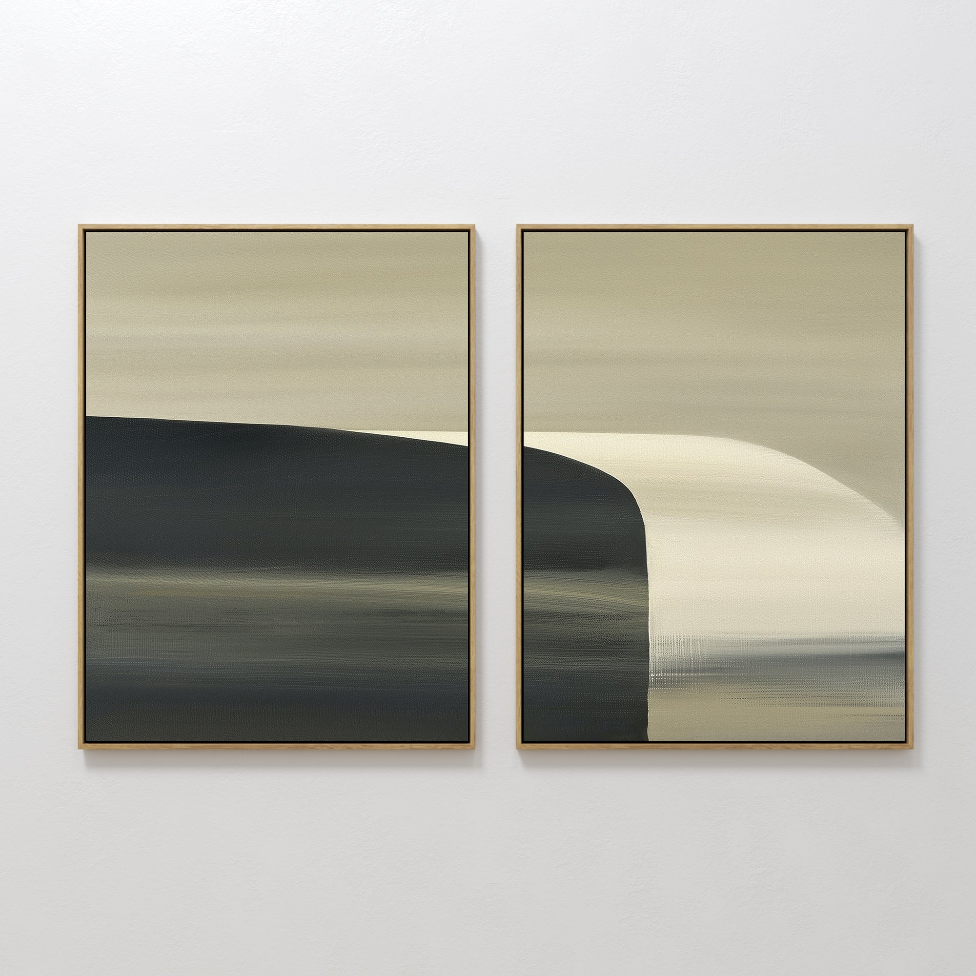 Hand painted original black ivory abstract oil painting diptych canvas wall art, nordic scandinavian elegant luxury minimalist modern living room home
