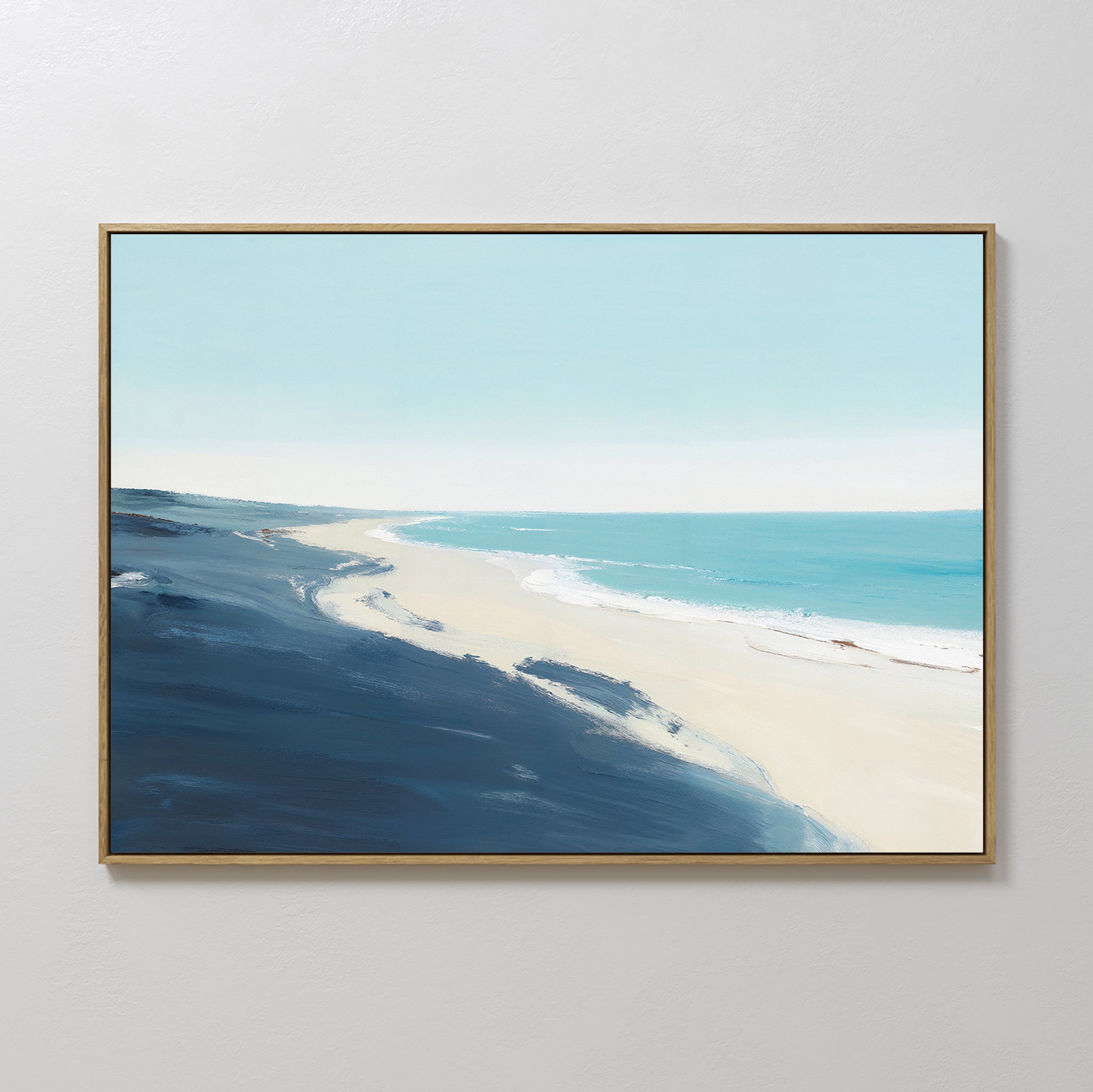 Hand painted original teal navy blue coastal beach oil painting canvas wall art, nordic scandinavian elegant minimalist luxury modern living room home
