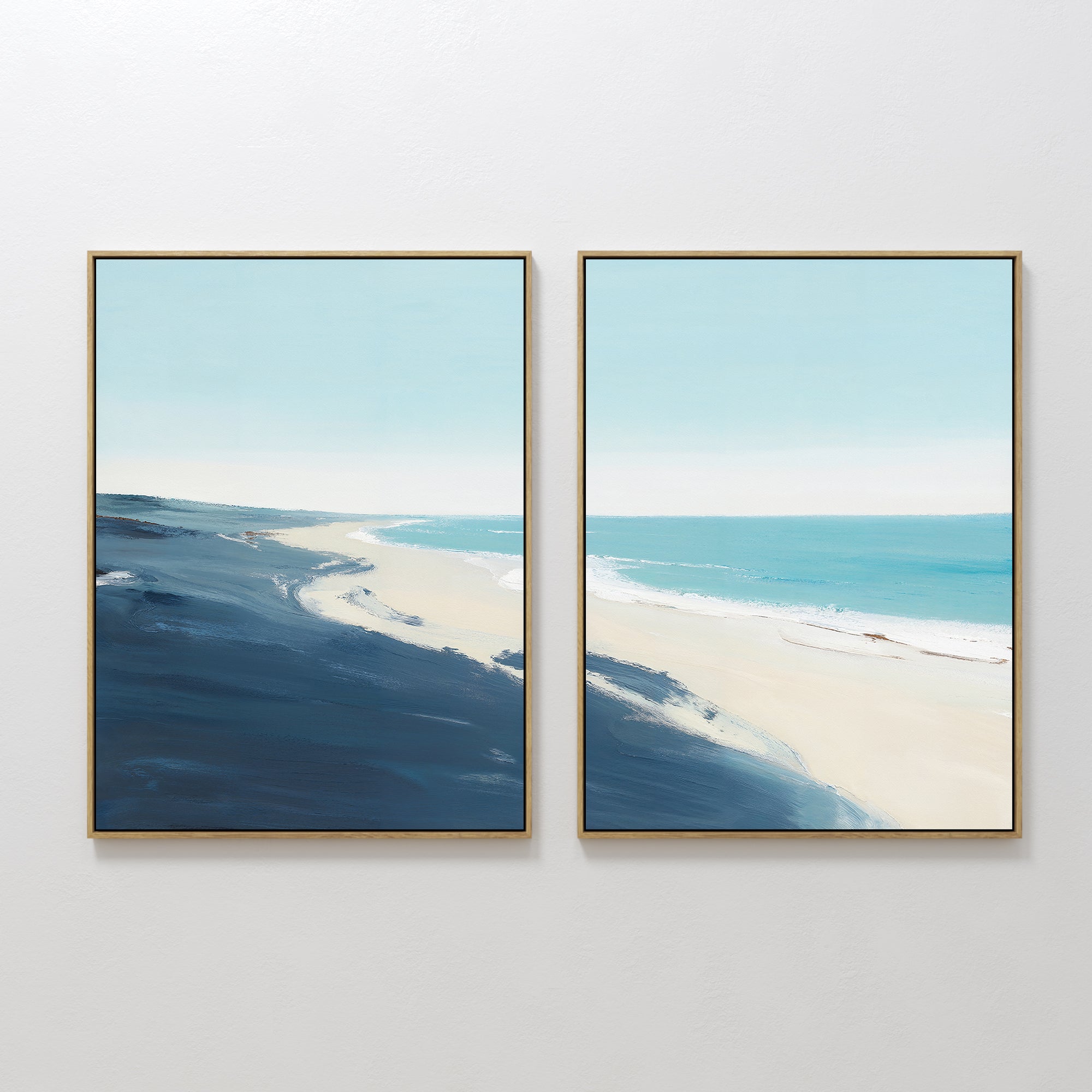 Original hand painted teal navy blue coastal beach diptych oil painting canvas wall art, nordic scandinavian elegant luxury modern living room home de