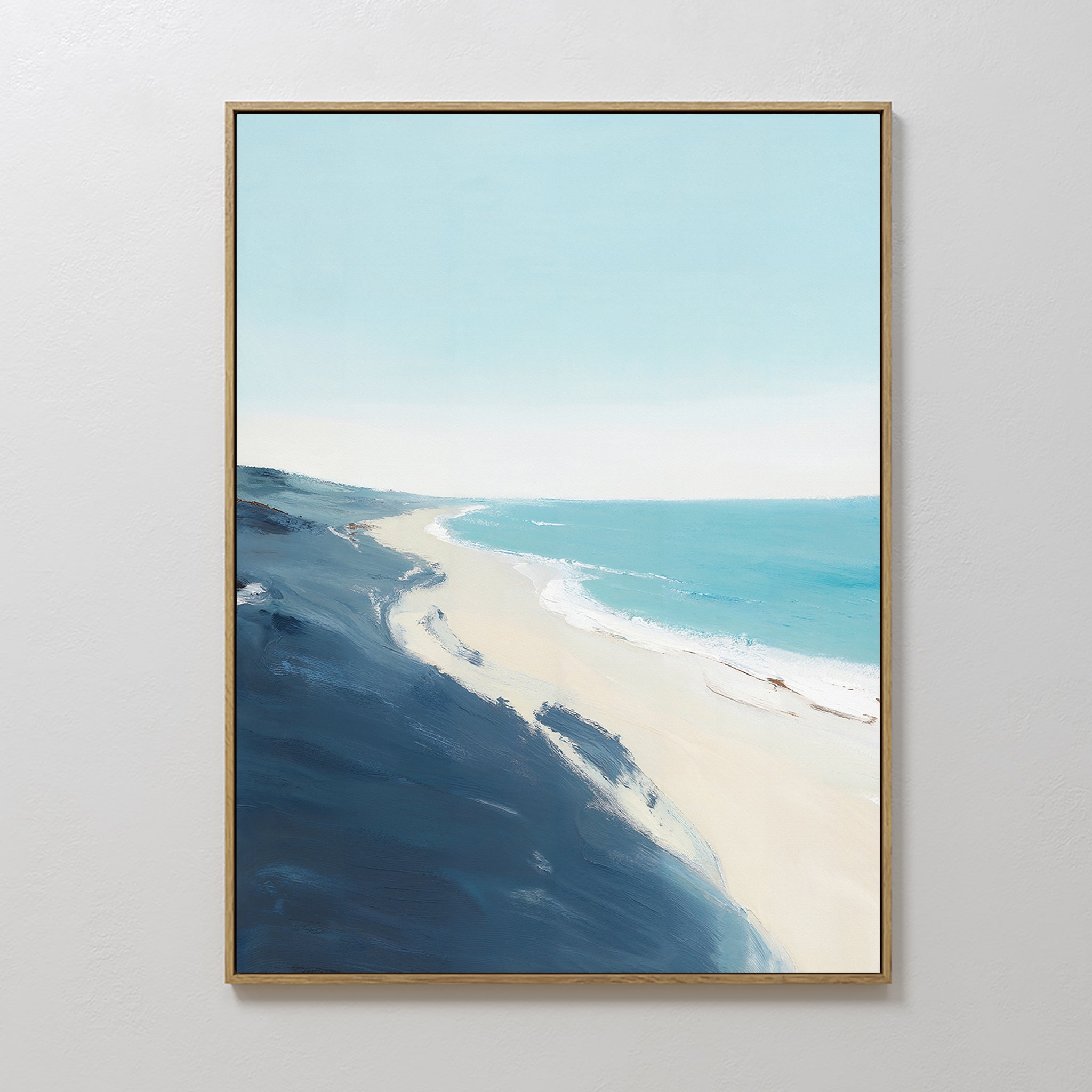 Original hand painted navy blue aqua coastal beach oil painting canvas wall art, nordic scandinavian minimalist elegant luxury modern home decor inter