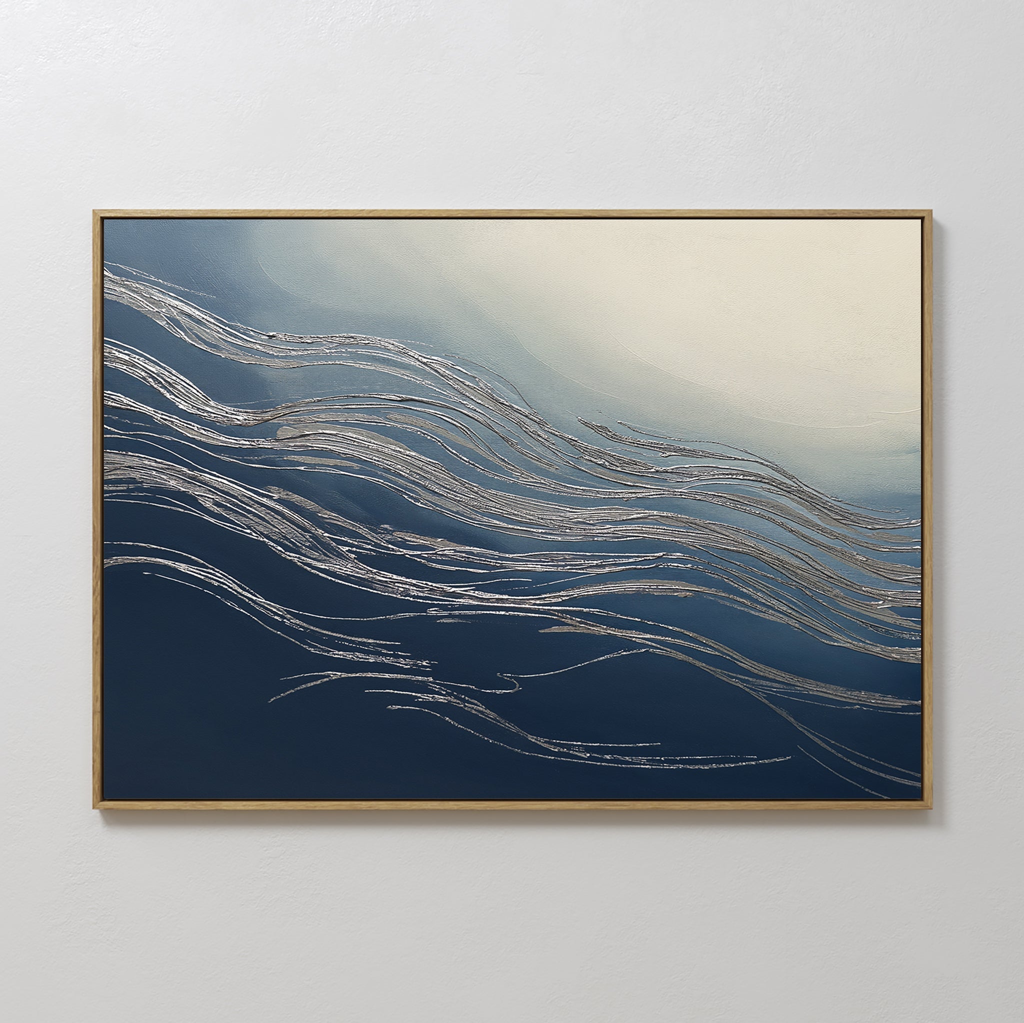 Original hand painted navy blue silver wave oil painting canvas wall art, nordic scandinavian elegant luxury coastal minimalist modern home decor inte