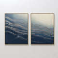 Original hand painted navy blue abstract ocean wave oil painting canvas wall art set of 2, silver gold textured brushstrokes, nordic scandinavian eleg