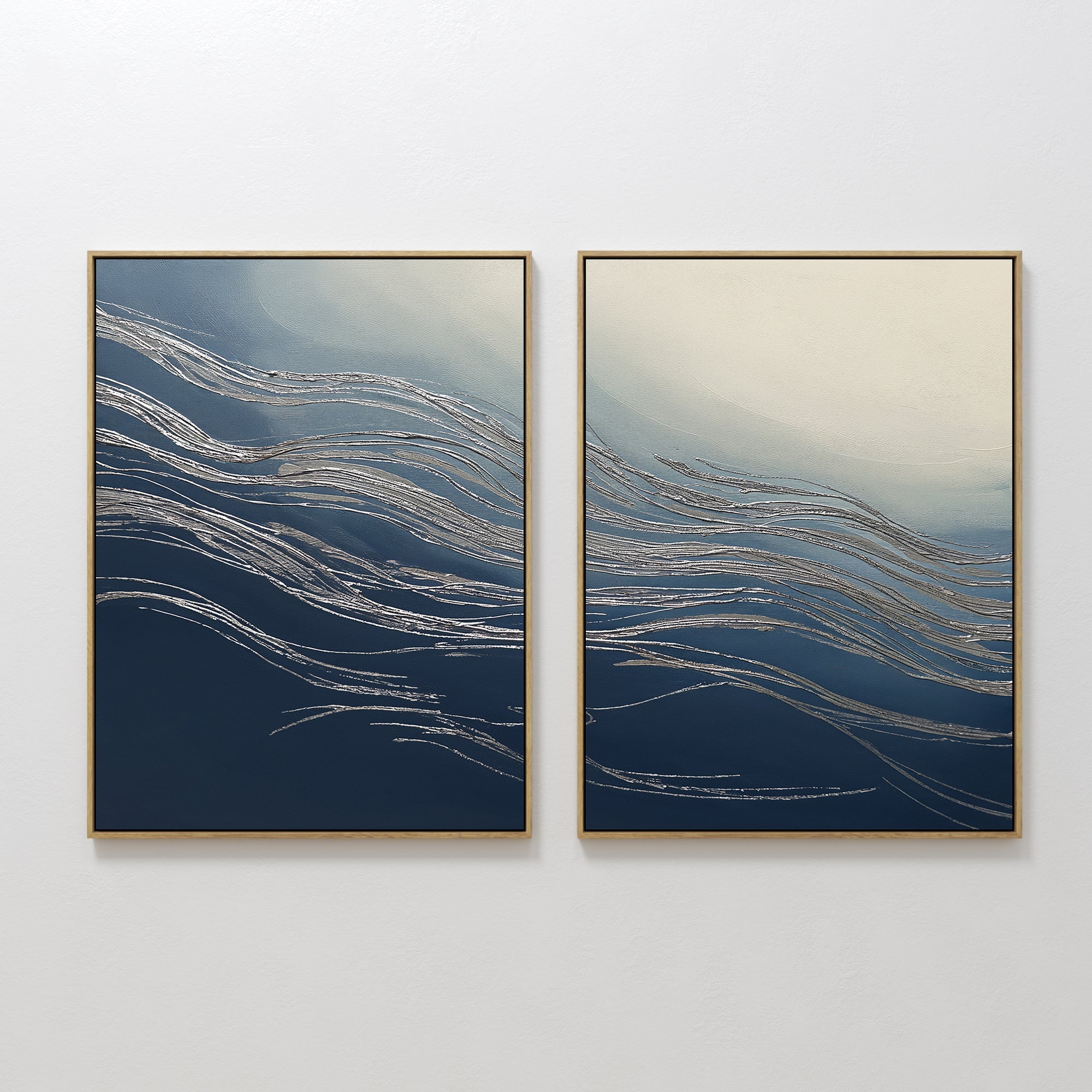Original hand painted navy blue abstract ocean wave oil painting canvas wall art set of 2, silver gold textured brushstrokes, nordic scandinavian eleg