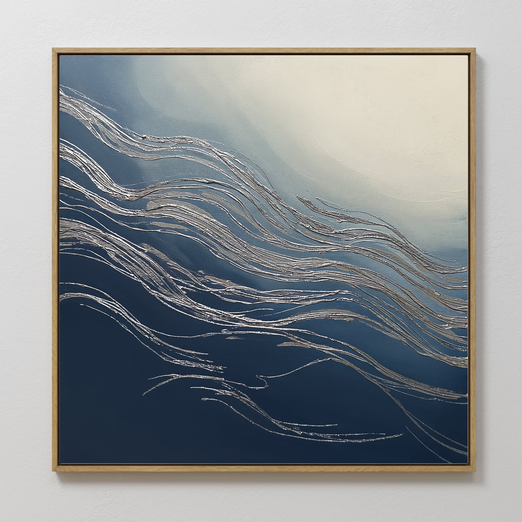 Original hand painted navy blue silver wave abstract oil painting canvas wall art, nordic scandinavian elegant luxury modern coastal living room home