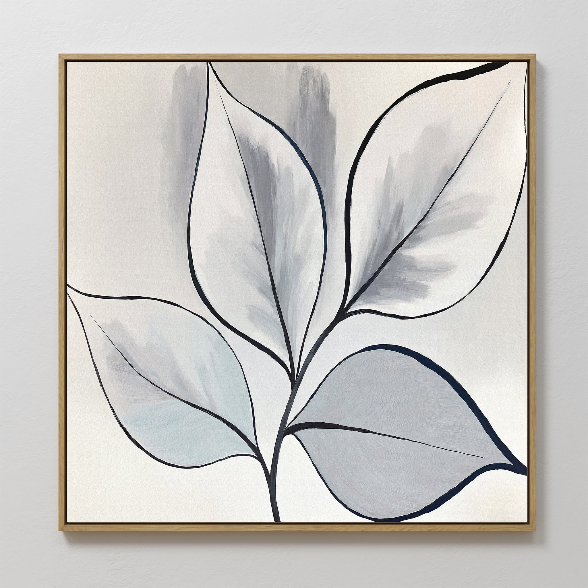 Original hand painted grey blue translucent botanical leaf oil painting canvas wall art, nordic scandinavian elegant luxury minimalist modern home dec