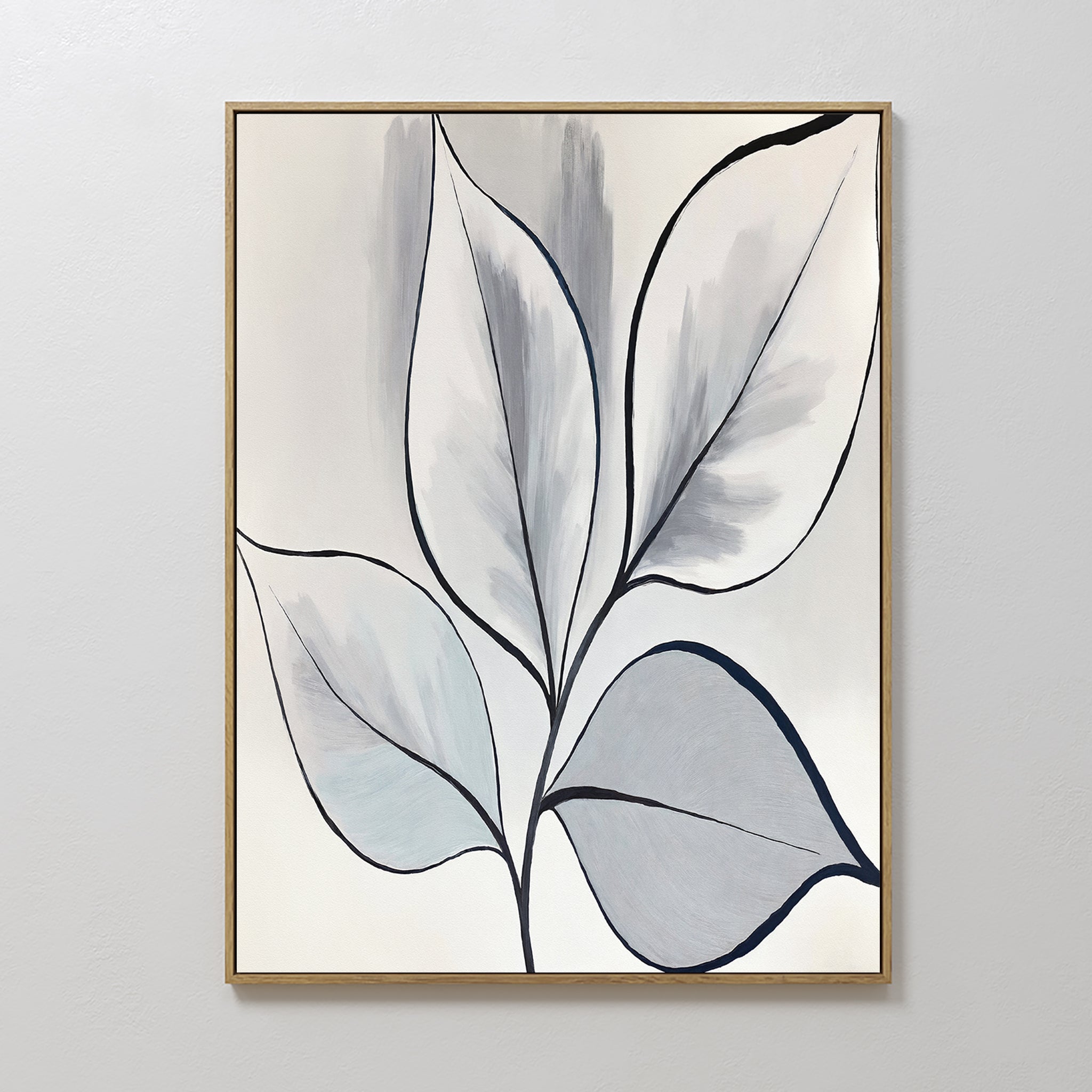Original hand painted grey blue botanical leaf oil painting canvas wall art, nordic scandinavian elegant luxury minimalist modern living room home dec