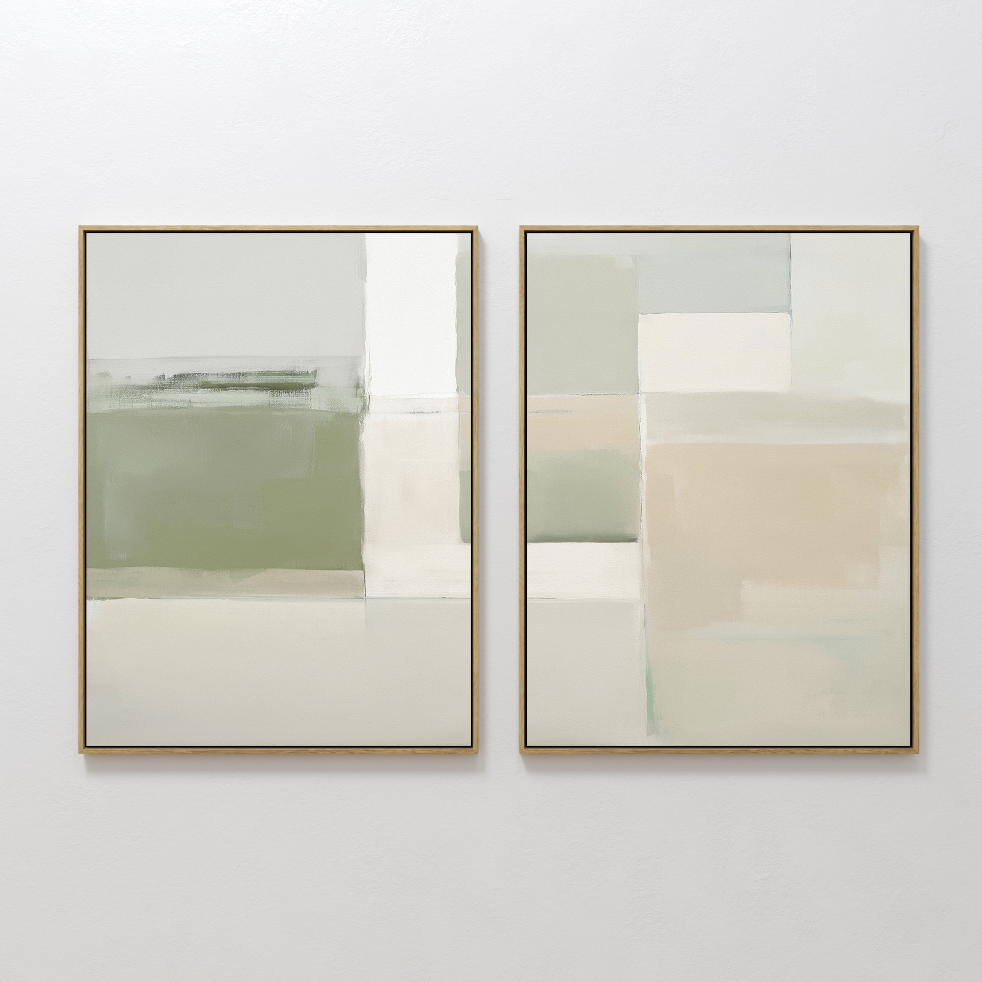 Original hand painted sage green ivory beige geometric abstract oil painting canvas wall art set of 2, nordic scandinavian elegant luxury modern livin