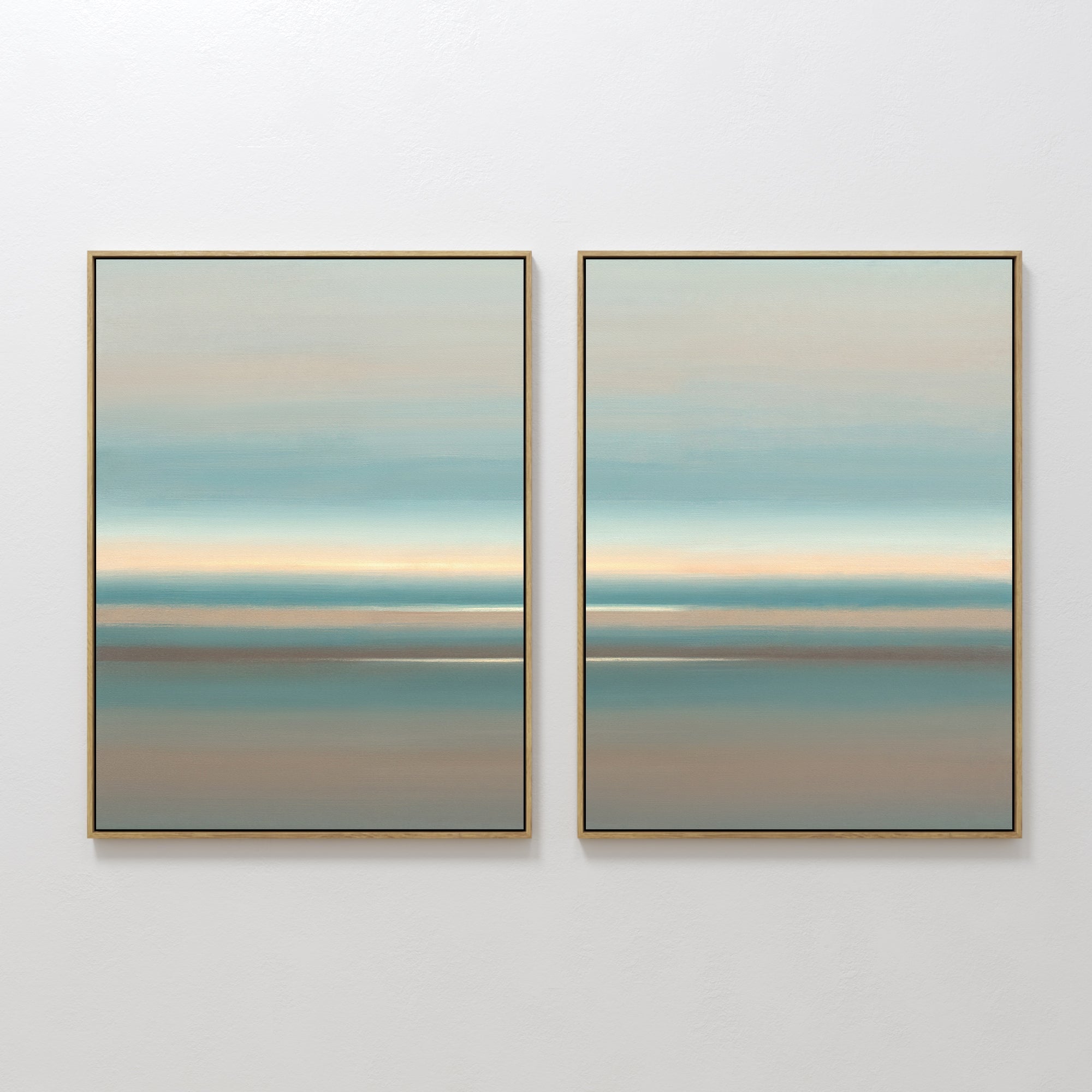 Original hand painted teal blush coastal abstract oil painting canvas wall art diptych, nordic scandinavian elegant luxury minimalist modern living ro