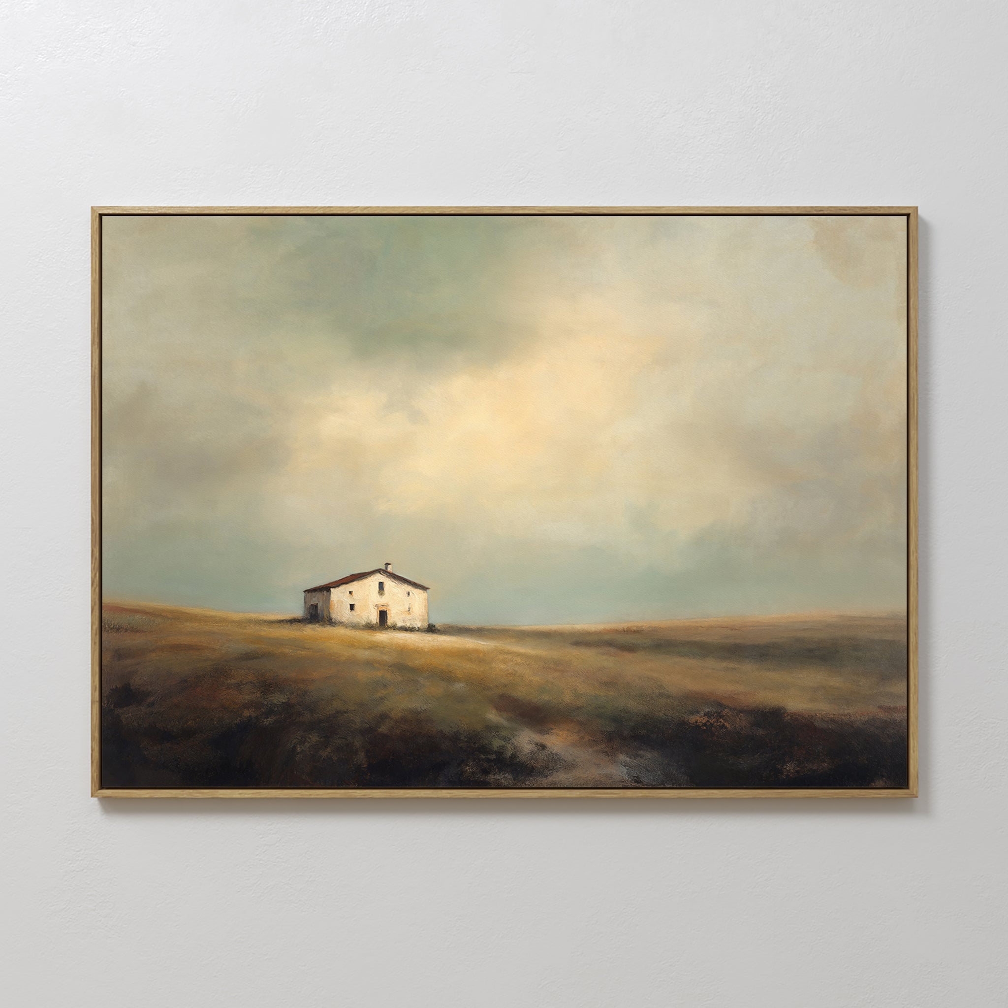 Original hand painted amber golden landscape oil painting canvas wall art, lone white farmhouse rolling hills moody sky nordic scandinavian elegant lu
