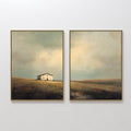Original hand painted amber ochre landscape oil painting canvas wall art, lone white farmhouse rolling hills nordic scandinavian elegant luxury modern