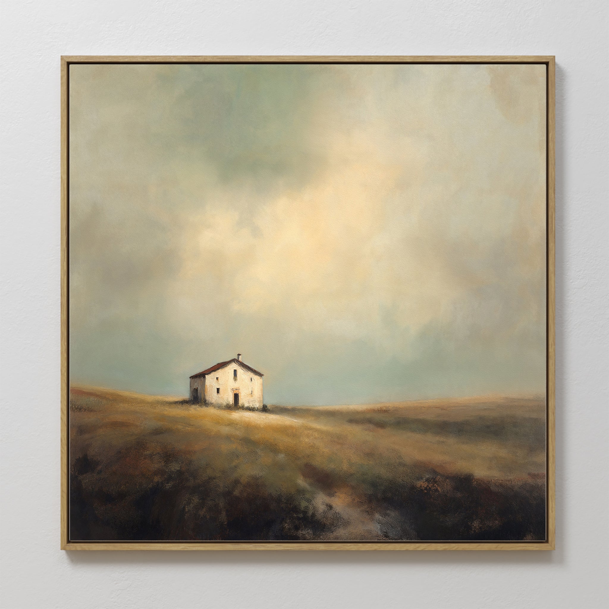 Hand painted original oil painting canvas wall art lone white farmhouse amber golden hills sage sky nordic scandinavian elegant luxury minimalist mode