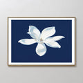 Hand painted original white magnolia flower oil painting on navy blue canvas wall art, nordic scandinavian elegant luxury minimalist modern home decor