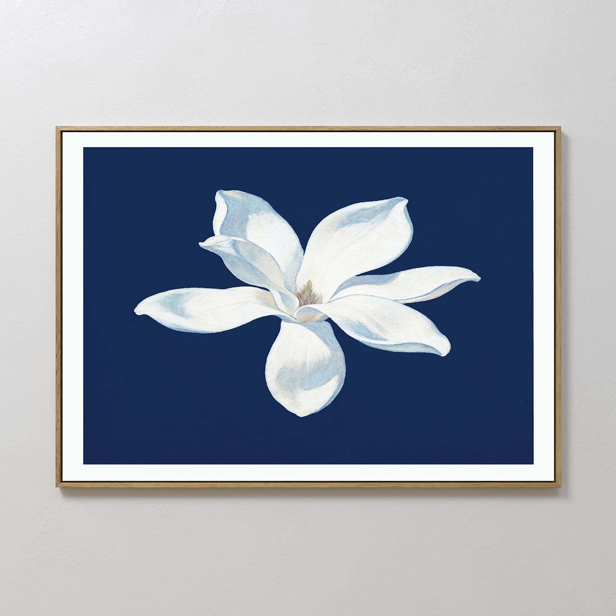 Hand painted original white magnolia flower oil painting on navy blue canvas wall art, nordic scandinavian elegant luxury minimalist modern home decor