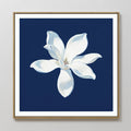 Hand painted original white magnolia flower oil painting on navy blue canvas wall art, nordic scandinavian elegant luxury minimalist modern home decor