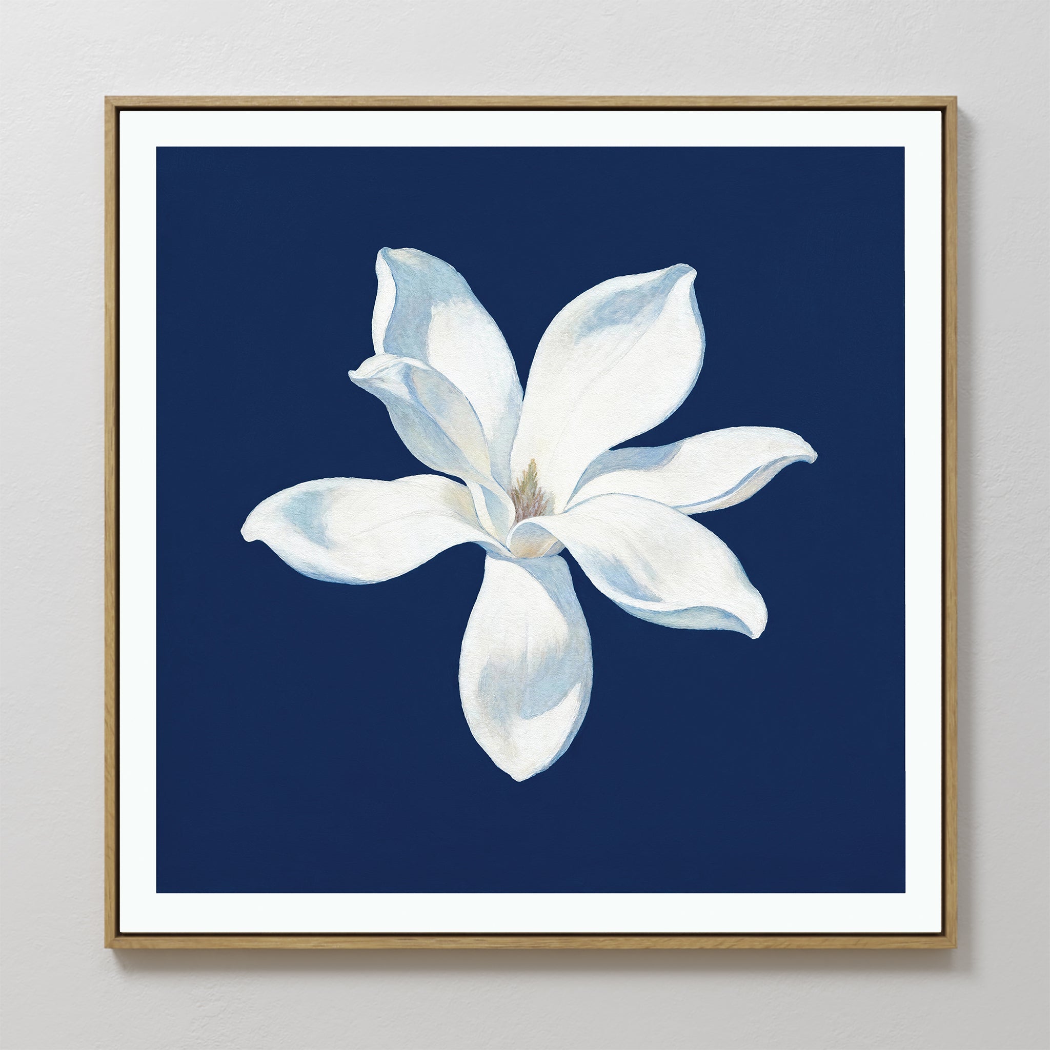 Hand painted original white magnolia flower oil painting on navy blue canvas wall art, nordic scandinavian elegant luxury minimalist modern home decor