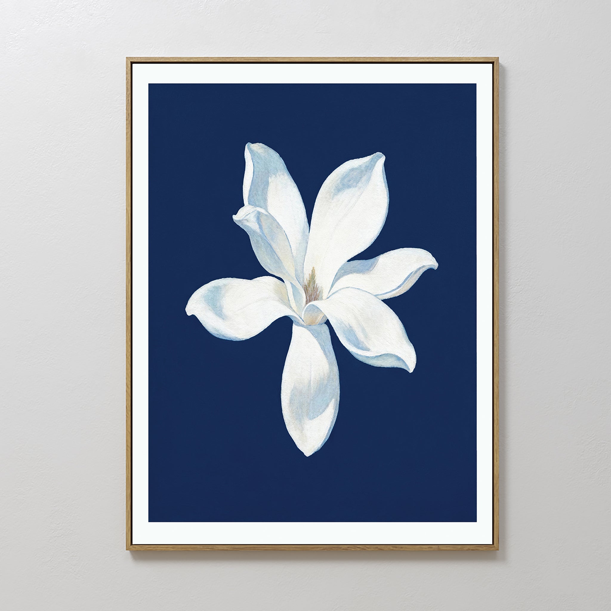 Original hand painted white magnolia flower oil painting on navy blue canvas wall art, nordic scandinavian elegant luxury minimalist modern home decor
