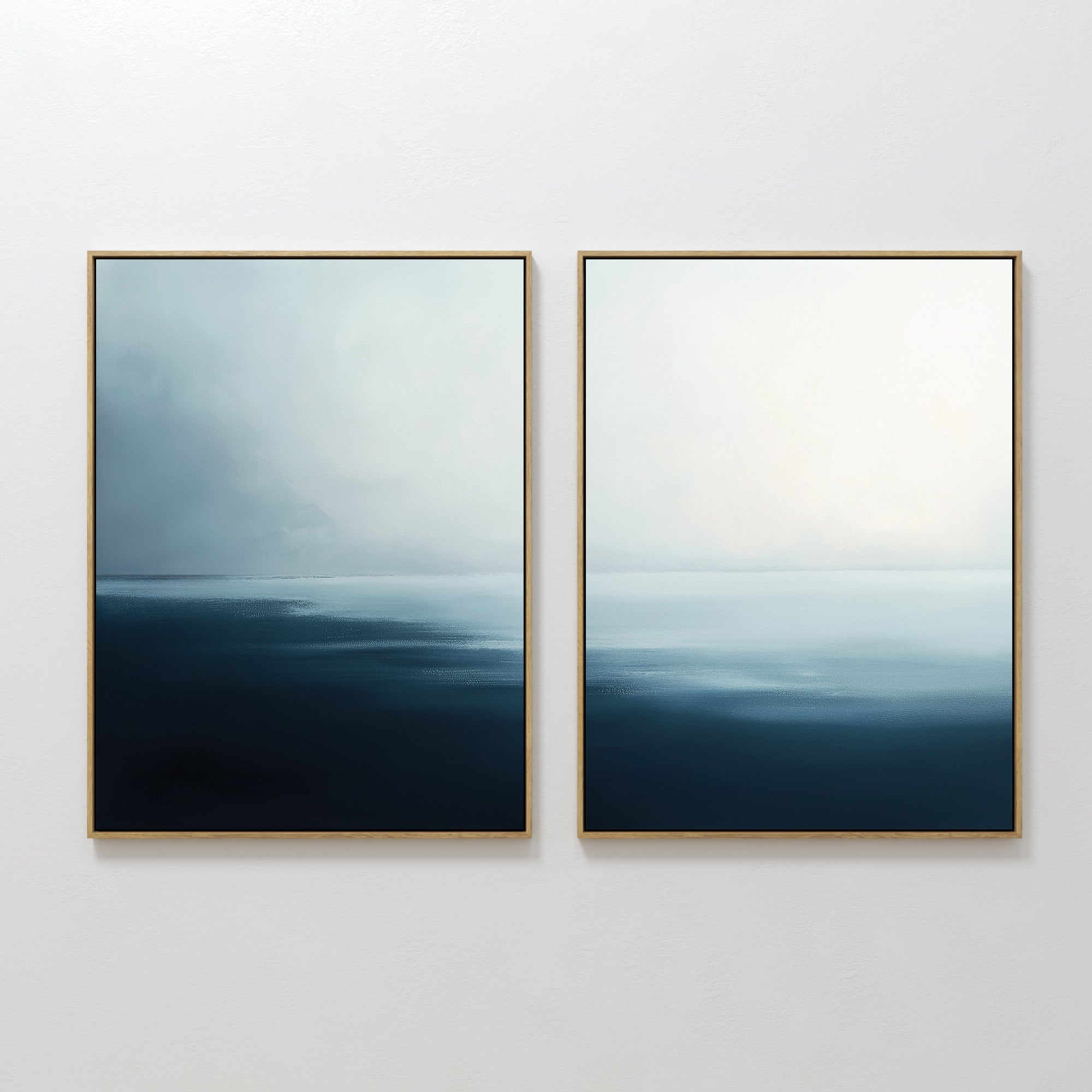 Original hand painted navy blue misty ocean diptych oil painting canvas wall art, nordic scandinavian elegant minimalist luxury modern living room hom