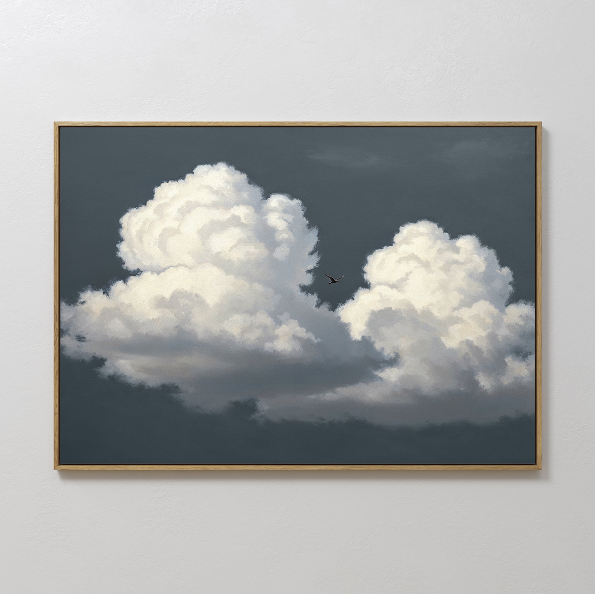 Original hand painted slate blue white cumulus cloud oil painting canvas wall art, nordic scandinavian elegant luxury modern living room home decor in
