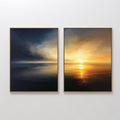 Original hand painted navy blue gold amber sunset ocean diptych oil painting canvas wall art, nordic scandinavian elegant luxury modern living room ho