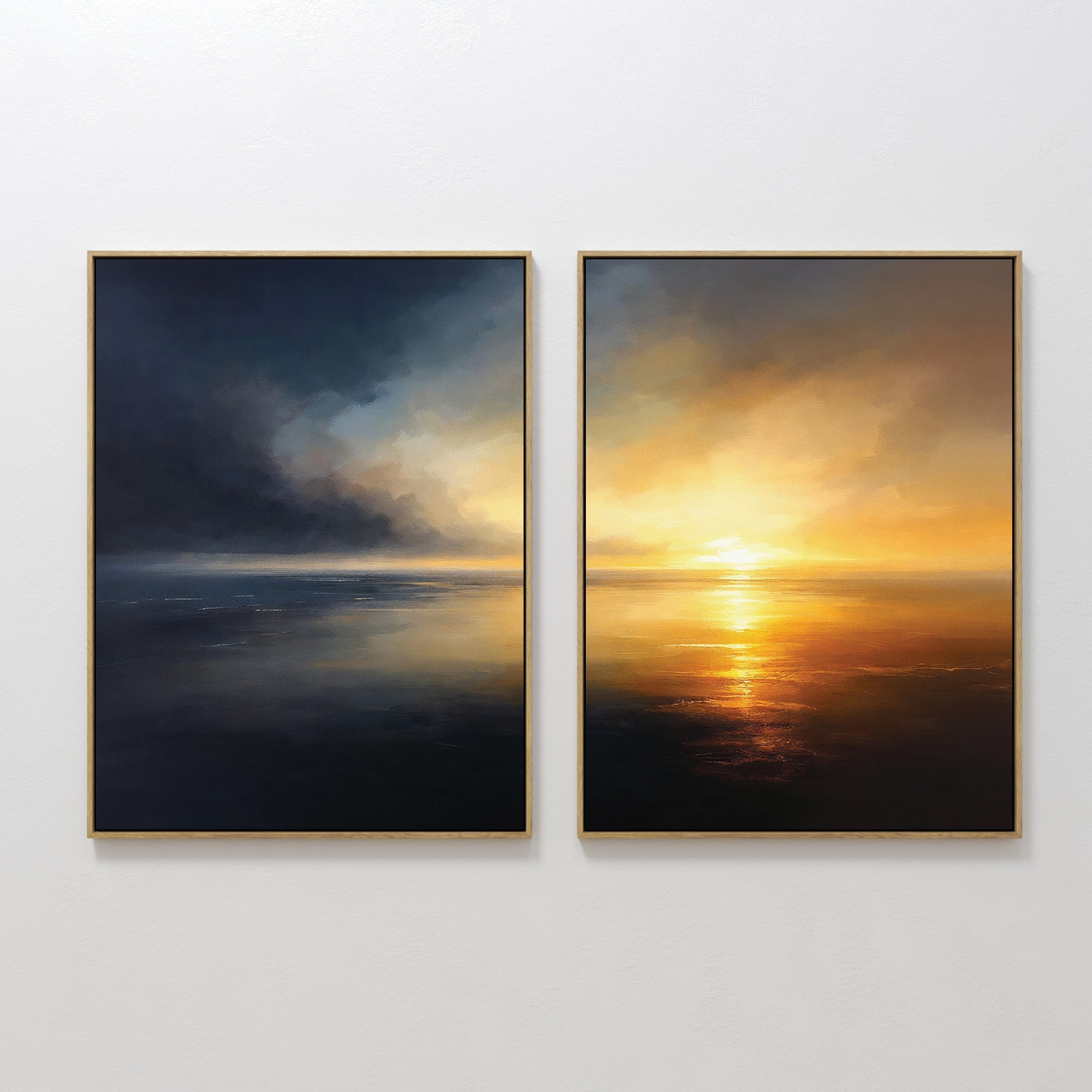 Original hand painted navy blue gold amber sunset ocean diptych oil painting canvas wall art, nordic scandinavian elegant luxury modern living room ho