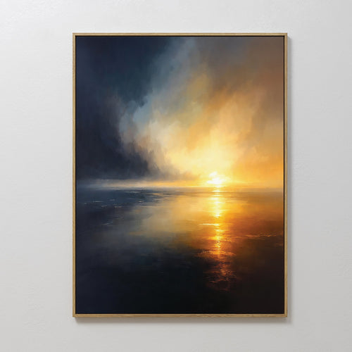 Original hand painted amber golden navy stormy sunset ocean oil painting canvas wall art, elegant luxury modern nordic scandinavian coastal interior d