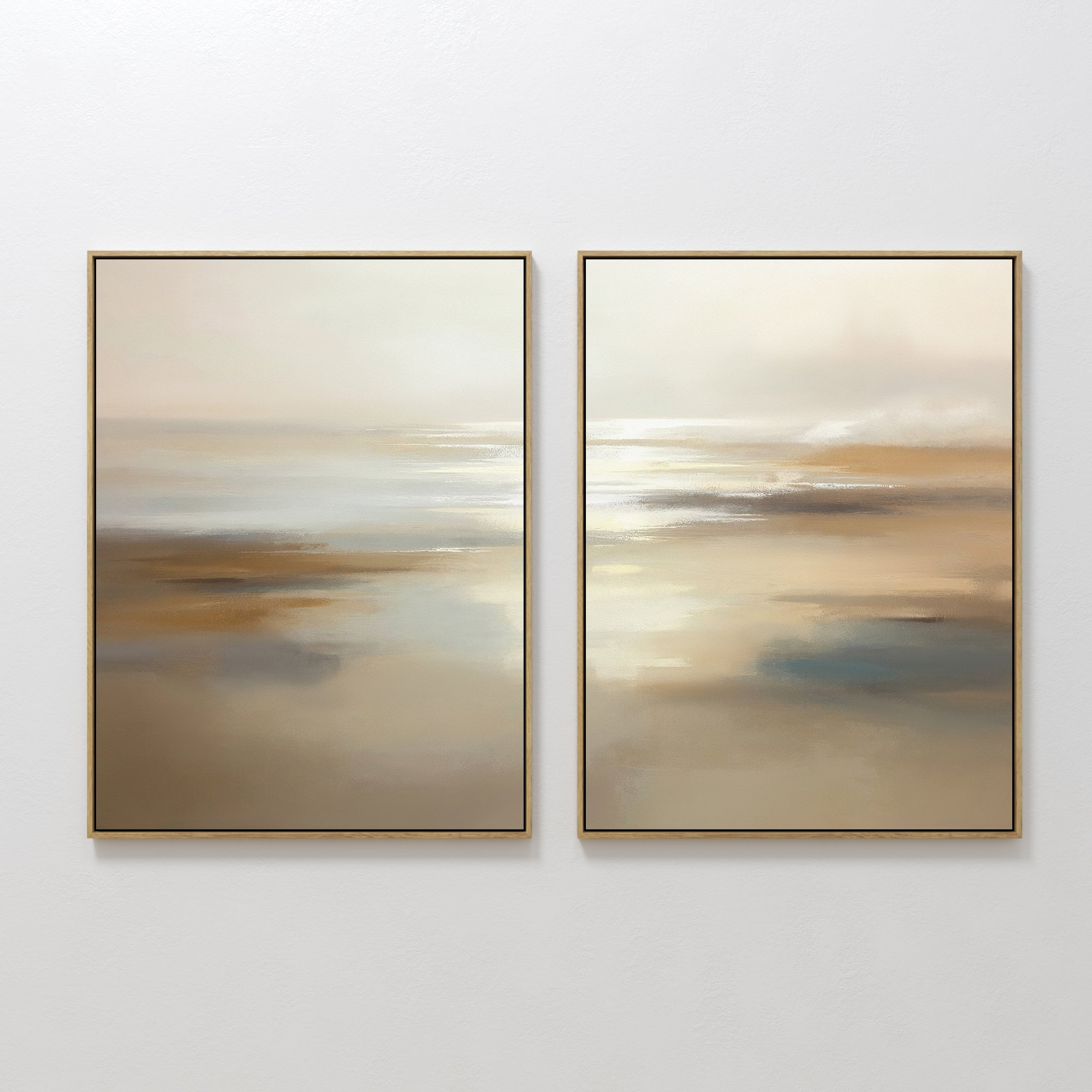 Original hand painted beige taupe abstract landscape oil painting diptych canvas wall art, nordic scandinavian elegant luxury modern coastal home deco