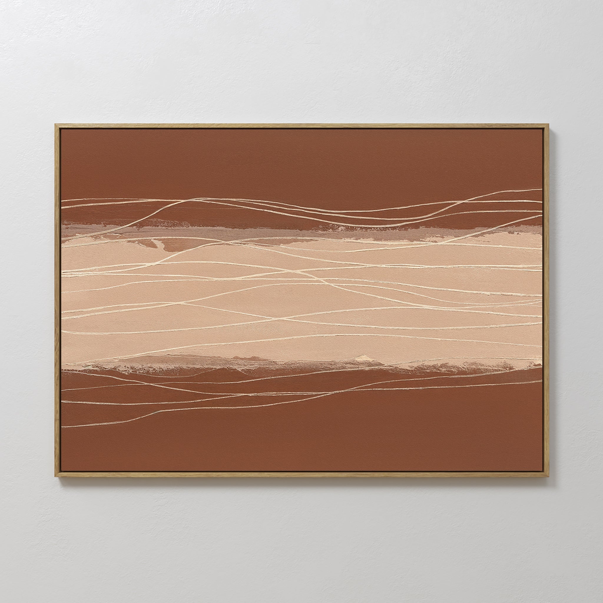 Original hand painted sienna terracotta beige abstract oil painting canvas wall art, flowing white lines nordic scandinavian elegant luxury modern hom
