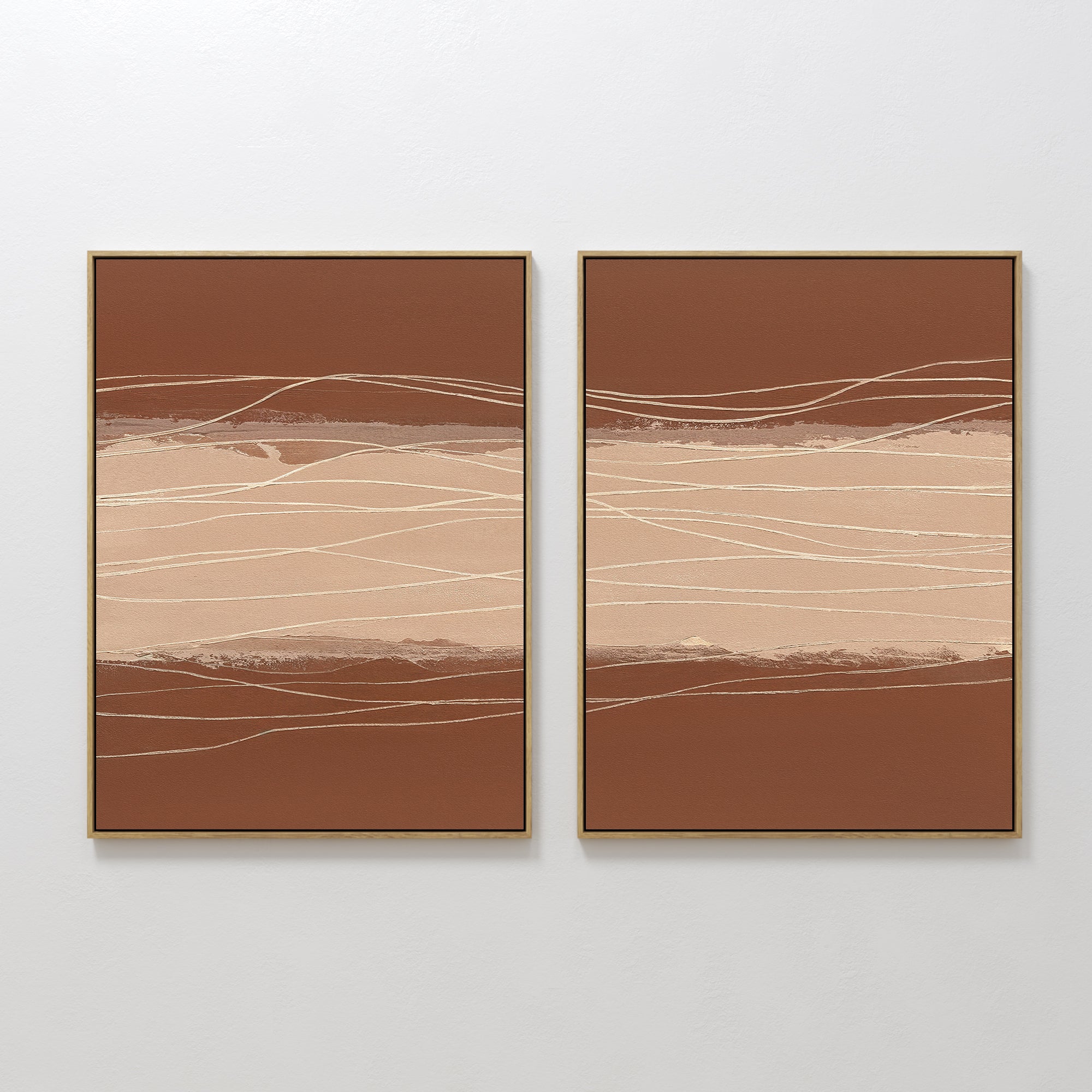 Original hand painted sienna rust beige abstract oil painting canvas wall art, flowing white lines nordic scandinavian elegant luxury modern home deco