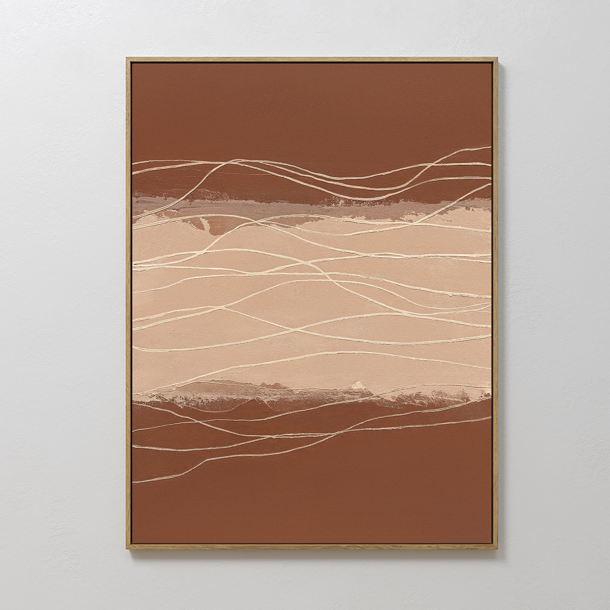 Hand painted original sienna rust beige abstract oil painting canvas wall art, flowing wavy lines nordic scandinavian elegant luxury modern home decor