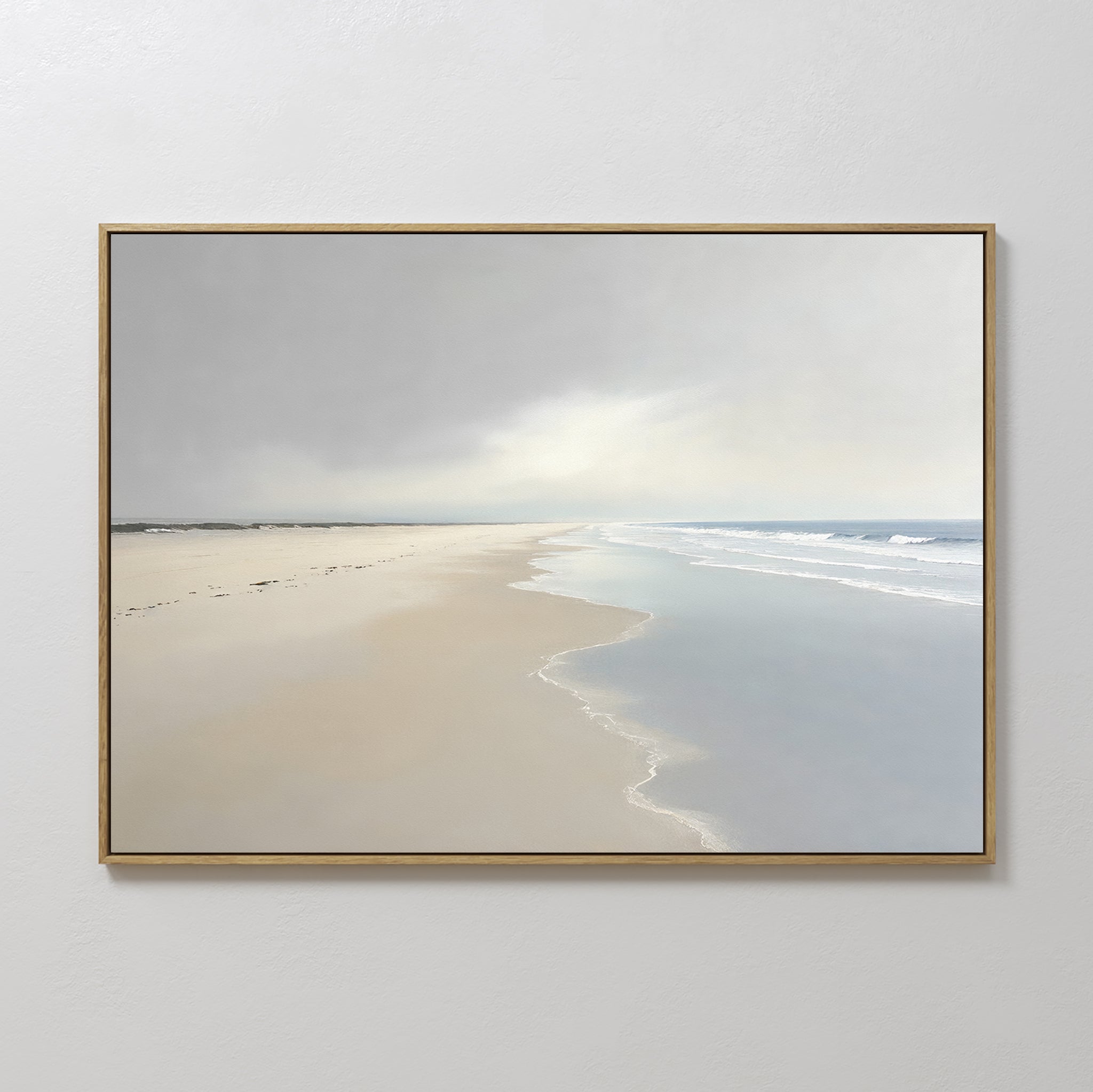Original hand painted misty coastal beach oil painting canvas wall art, pale beige sand blue ocean nordic scandinavian elegant luxury modern home deco