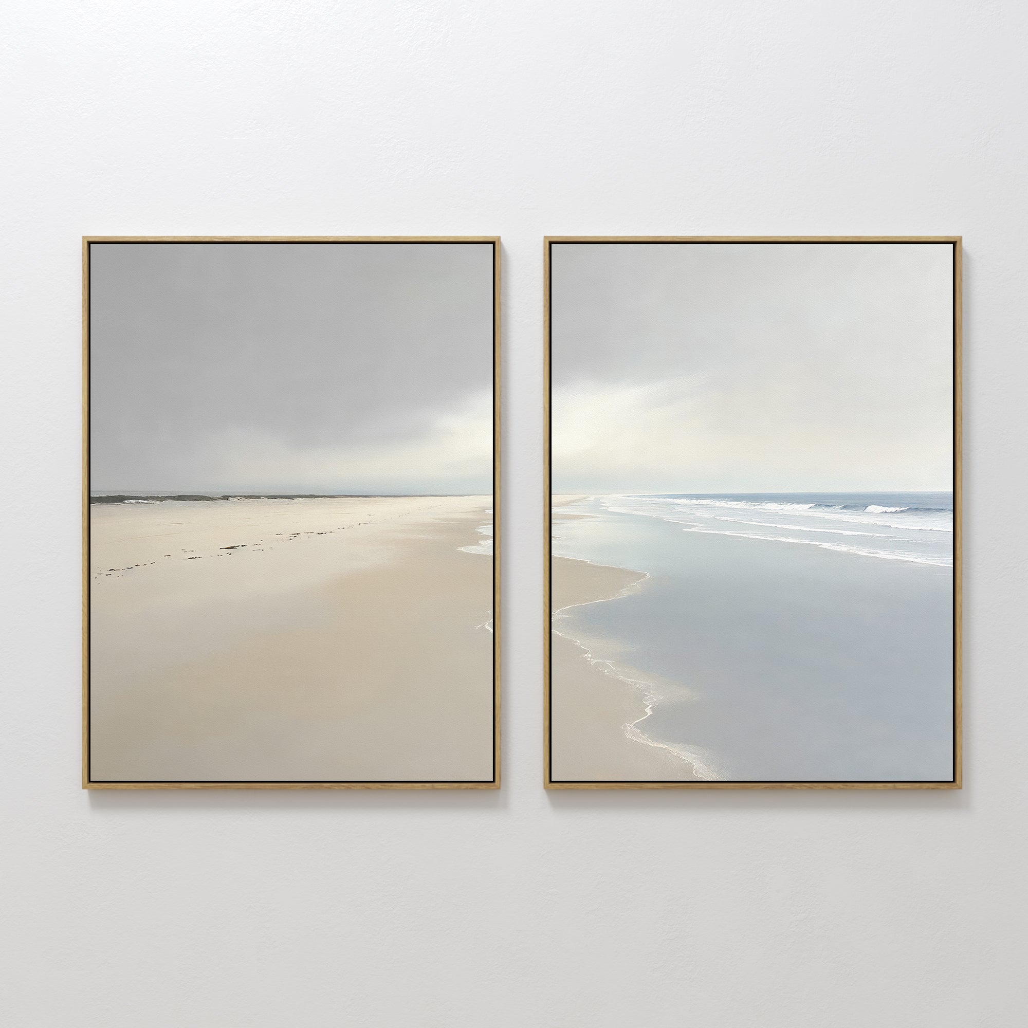 Original hand painted pale beige sand and soft blue ocean coastal oil painting diptych canvas wall art, nordic scandinavian elegant luxury modern home