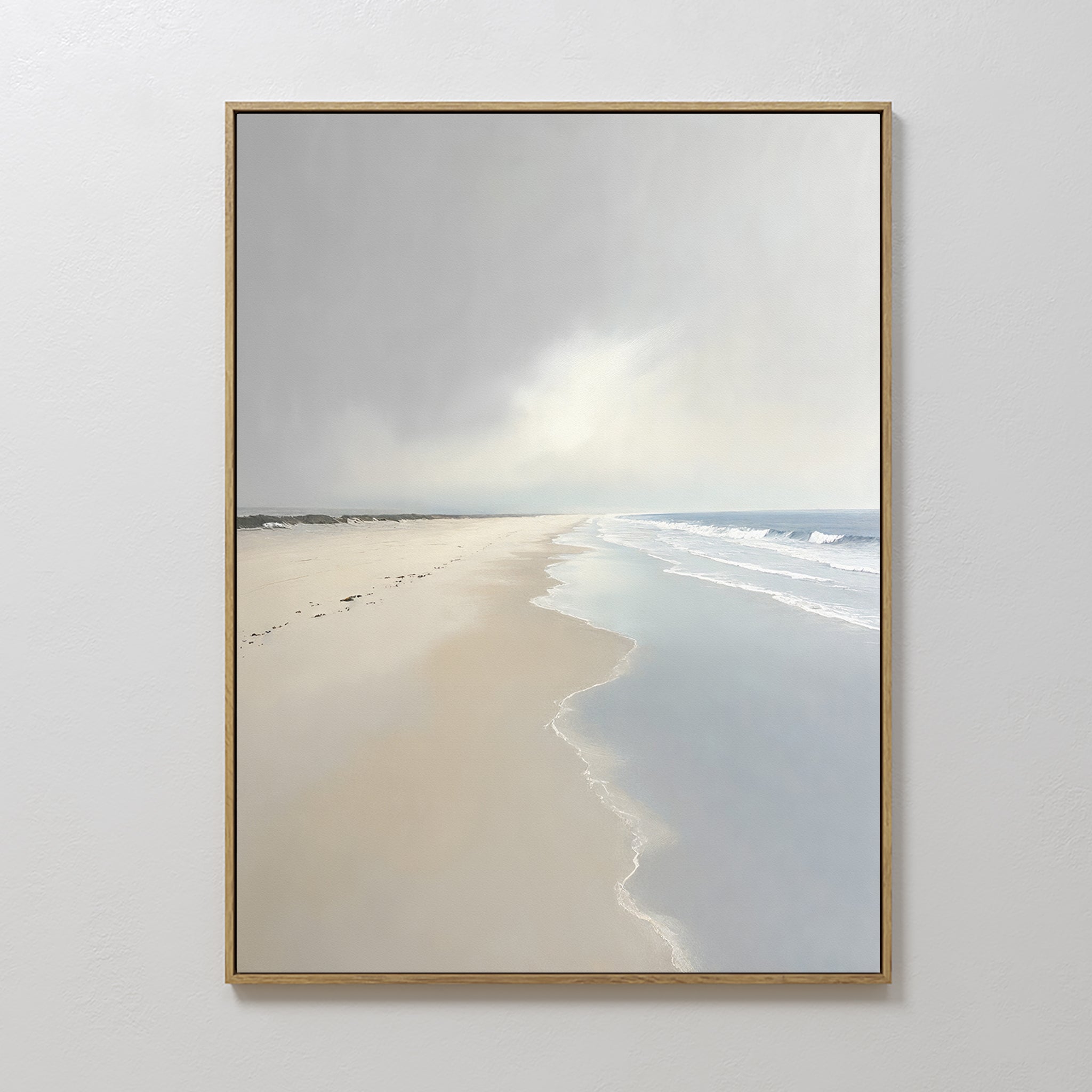 Hand painted original oil painting misty empty beach pale sand blue ocean grey sky canvas wall art nordic scandinavian elegant luxury modern home deco