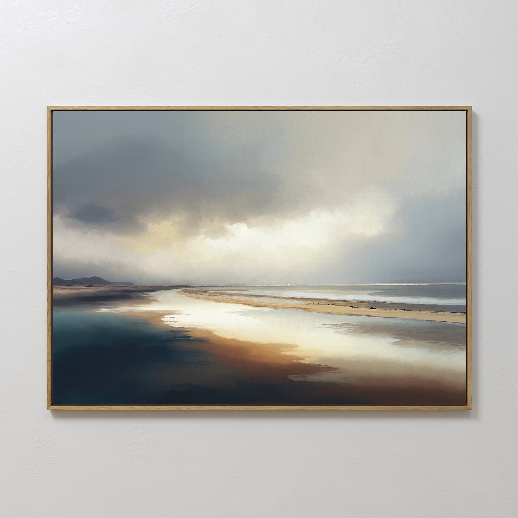 Original hand painted misty coastal beach oil painting canvas wall art, soft grey teal gold tones, nordic scandinavian elegant luxury modern interior