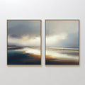 Hand painted original oil painting canvas wall art set of 2, moody coastal beach slate blue ivory warm brown tones, nordic scandinavian elegant luxury