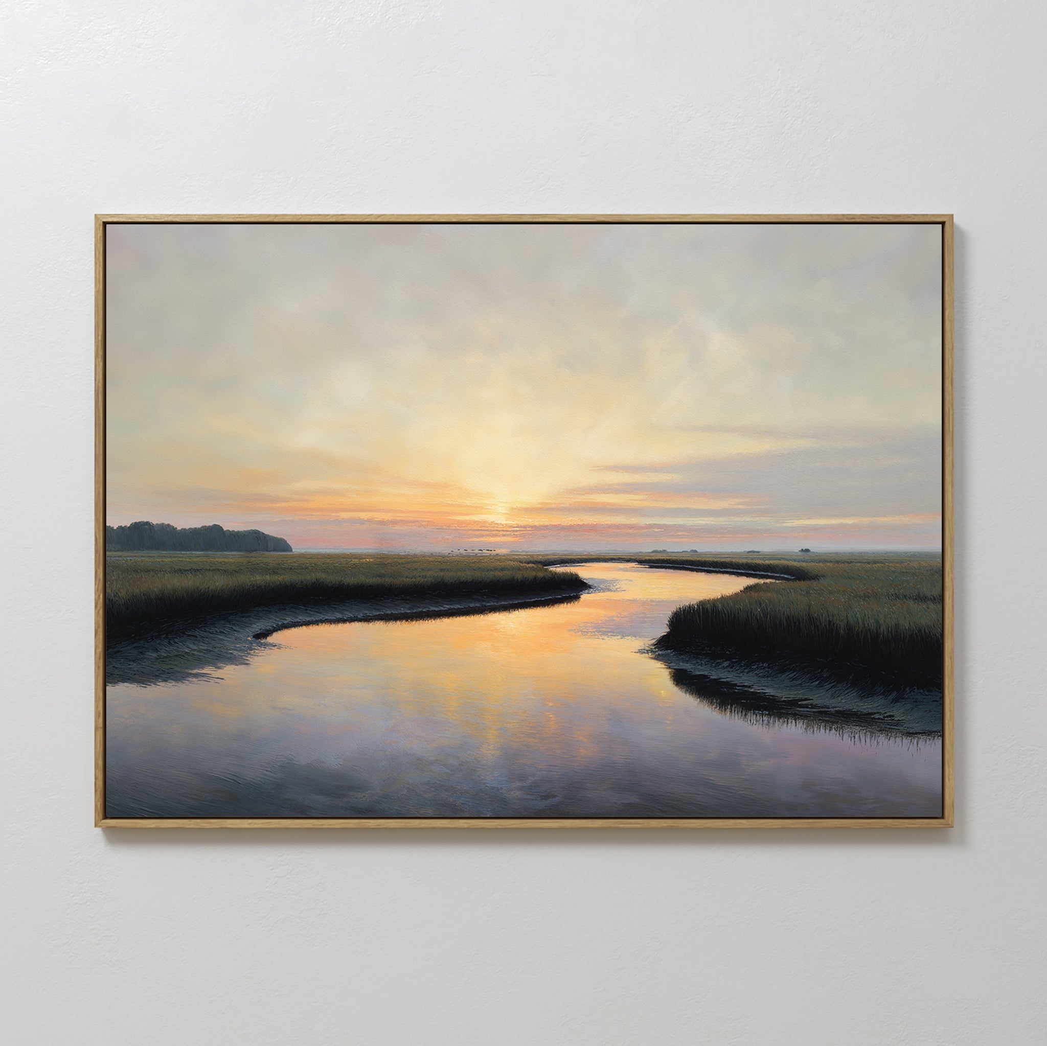 Original hand painted golden sunset coastal marsh oil painting canvas wall art, warm amber blush lavender elegant luxury nordic scandinavian modern in