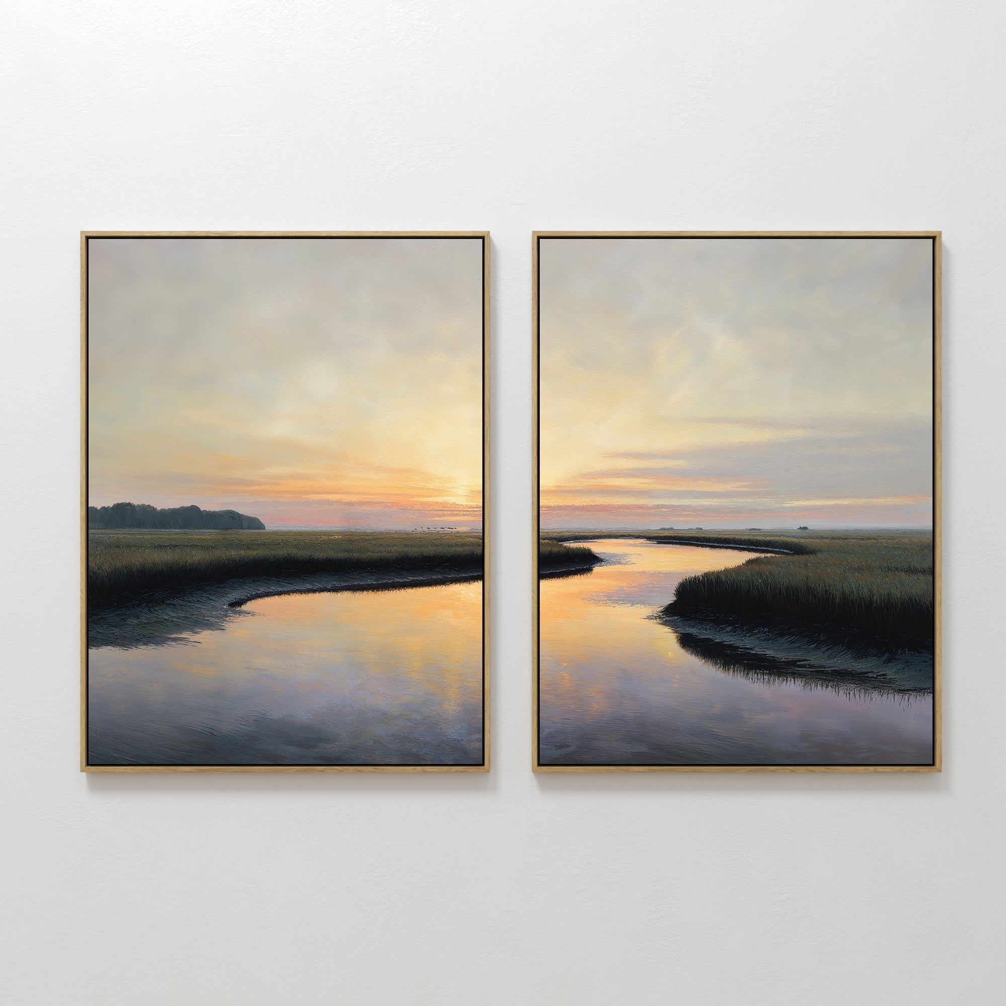 Original hand painted amber golden sunset coastal marsh oil painting canvas wall art set of 2, nordic scandinavian elegant luxury modern living room h
