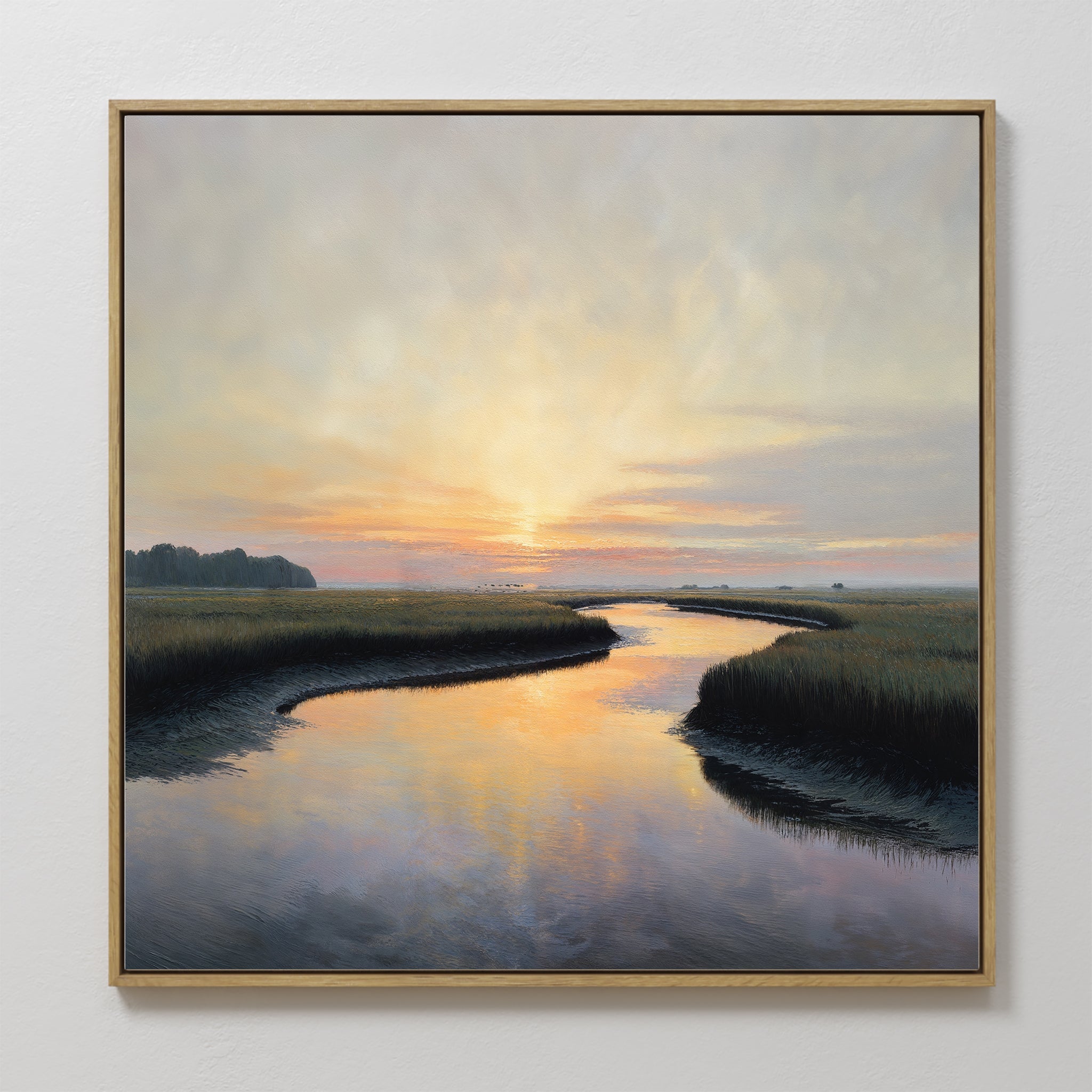Original hand painted golden sunset coastal marsh oil painting canvas wall art, nordic scandinavian elegant luxury modern living room home decor inter
