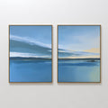 Original hand painted blue coastal dusk oil painting diptych canvas wall art, nordic scandinavian minimalist elegant luxury modern living room home de