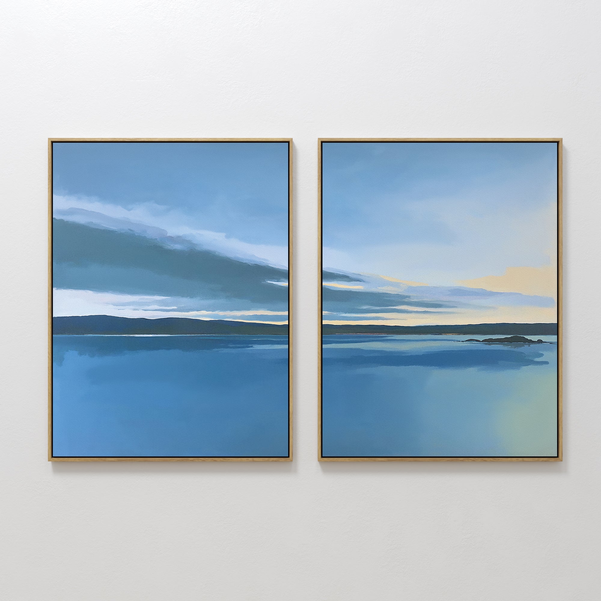 Original hand painted blue coastal dusk oil painting diptych canvas wall art, nordic scandinavian minimalist elegant luxury modern living room home de