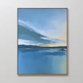 Original hand painted blue teal coastal oil painting canvas wall art, moody sky mountains seascape nordic scandinavian elegant luxury modern home deco