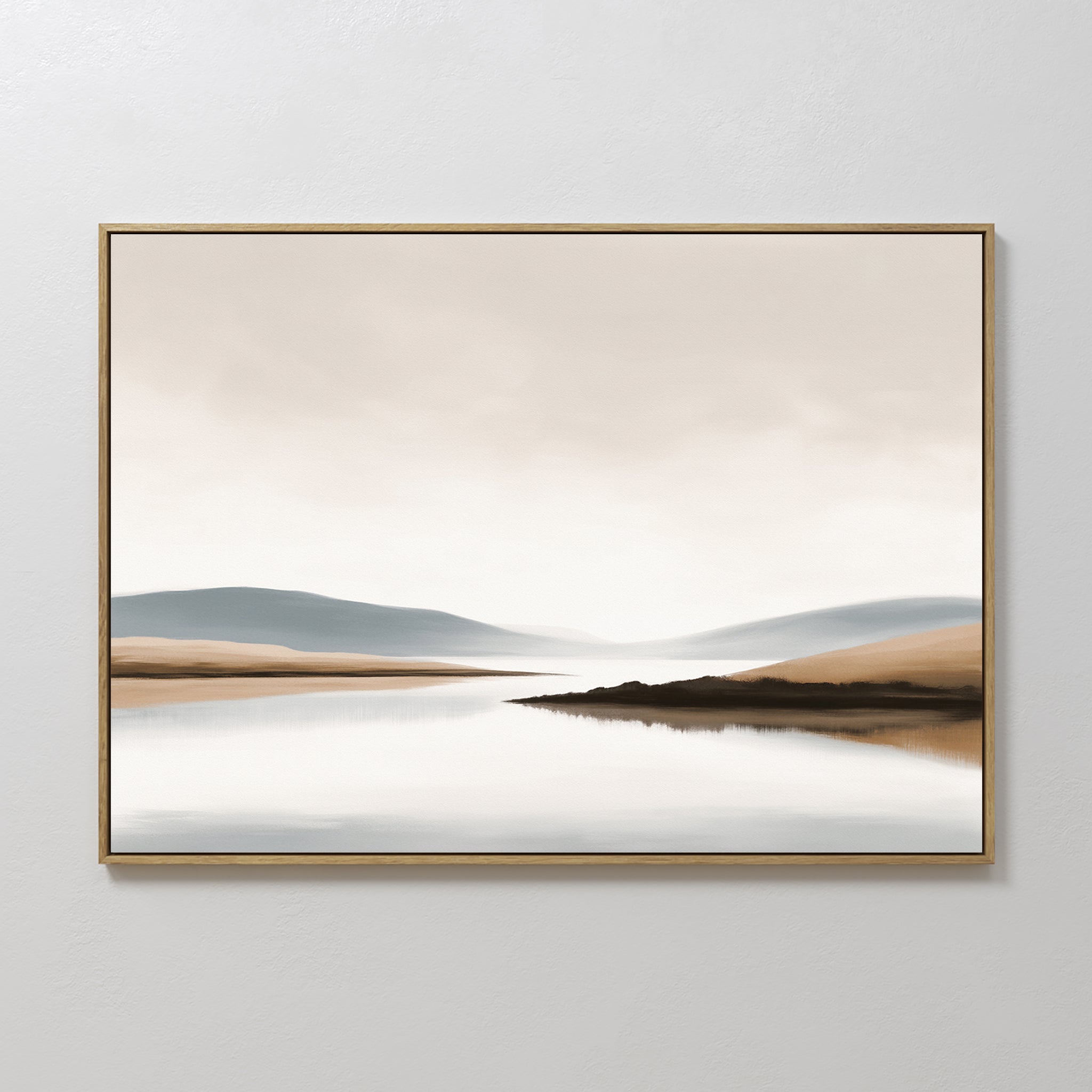 Original hand painted misty lake landscape oil painting canvas wall art, soft beige sandy brown blue-grey nordic scandinavian elegant luxury modern ho