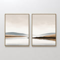 Original hand painted beige sandy brown blue misty landscape diptych oil painting canvas wall art, nordic scandinavian elegant luxury minimalist moder