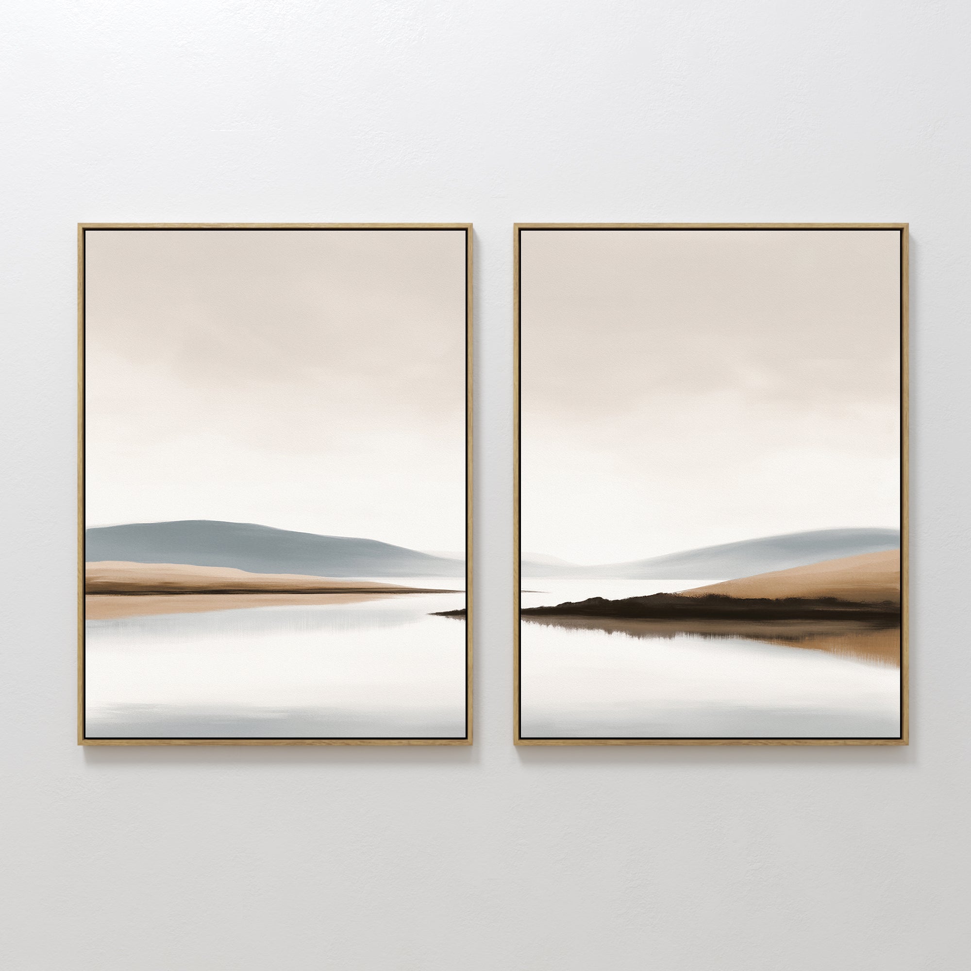 Original hand painted beige sandy brown blue misty landscape diptych oil painting canvas wall art, nordic scandinavian elegant luxury minimalist moder
