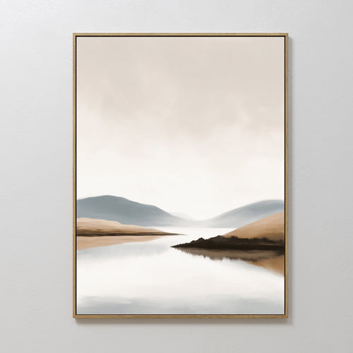 Hand painted original oil painting canvas nordic scandinavian misty valley amber golden hills blue grey mountains elegant luxury minimalist modern hom