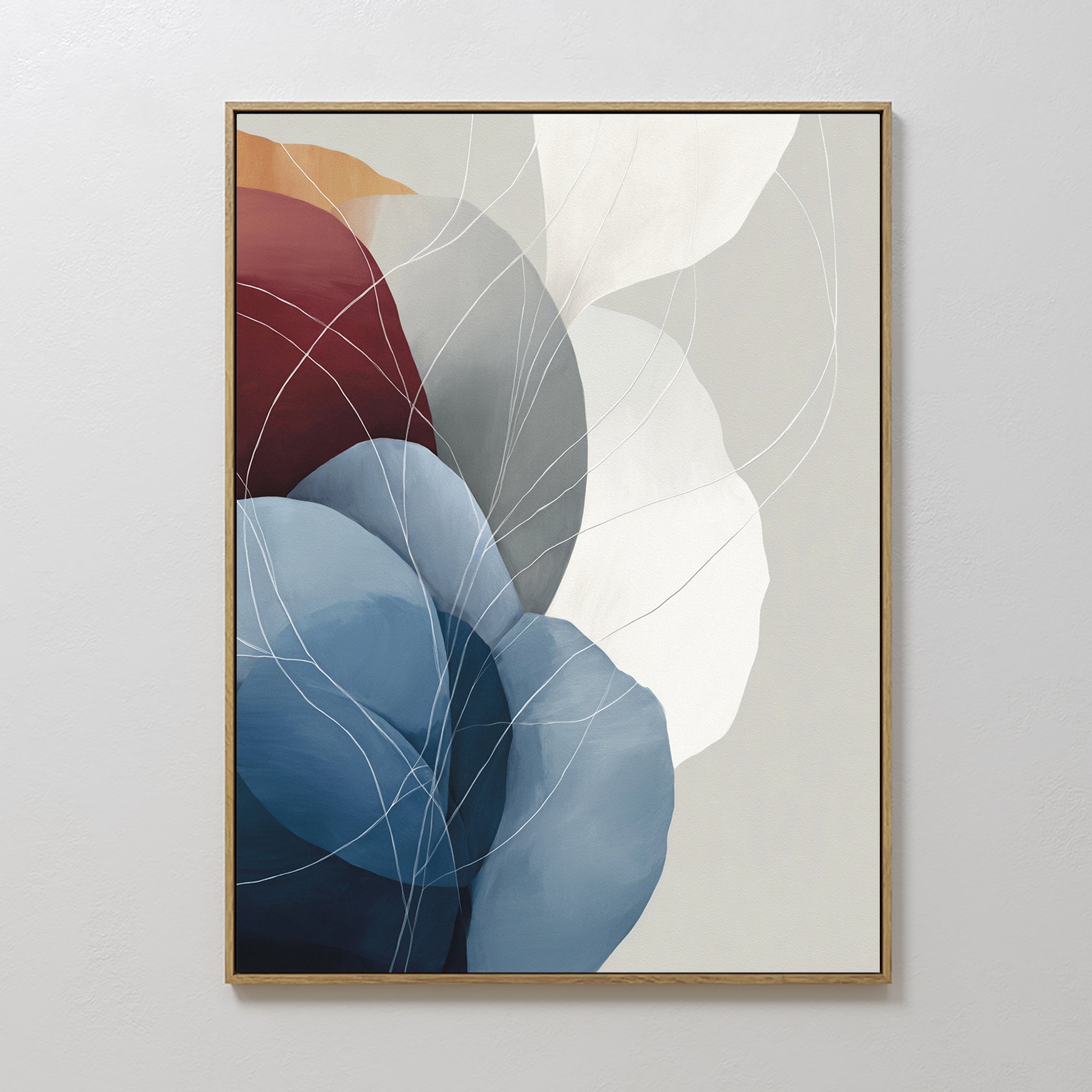 Hand painted original oil painting canvas wall art deep blue crimson grey organic abstract shapes elegant nordic scandinavian luxury modern home decor
